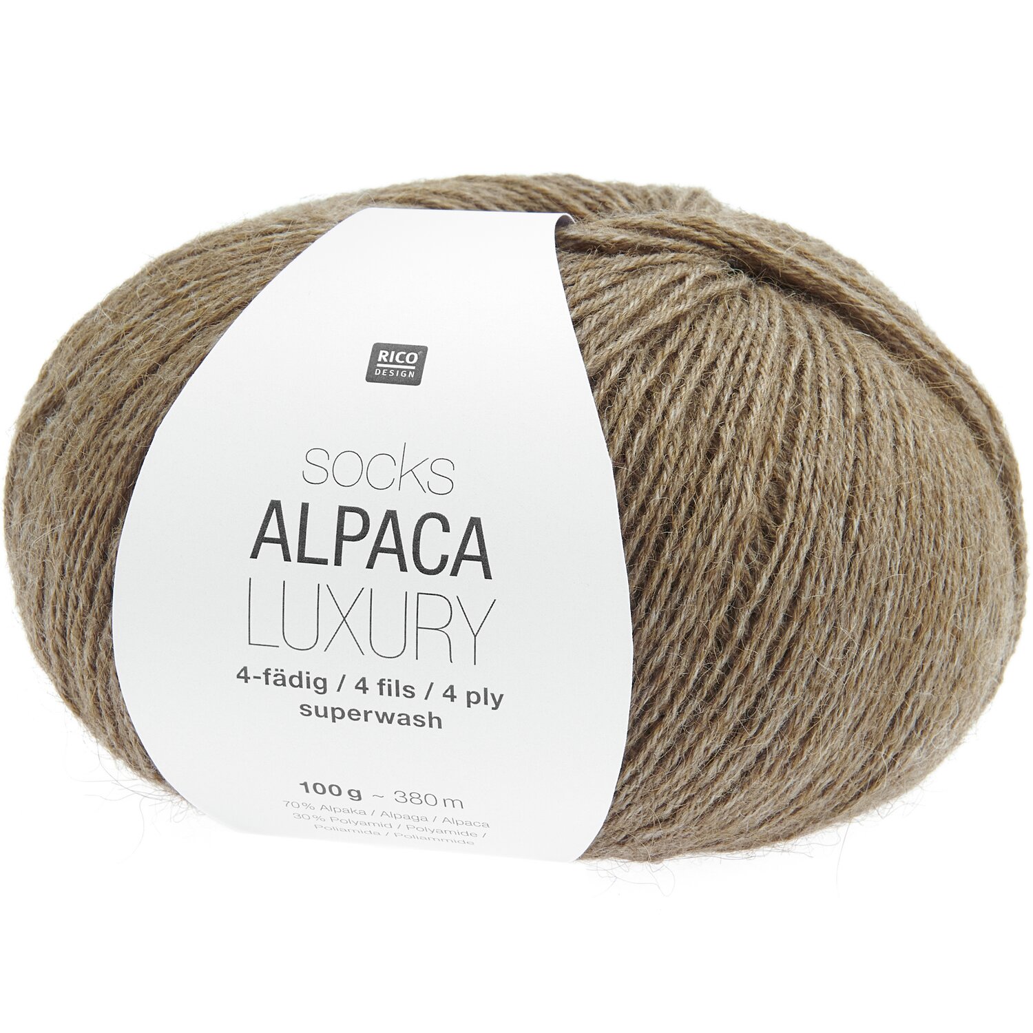 Socks Alpaca Luxury 4-fädig, beige, 100g 380m, von Rico Design. Weiches Garn für Strickprojekte.