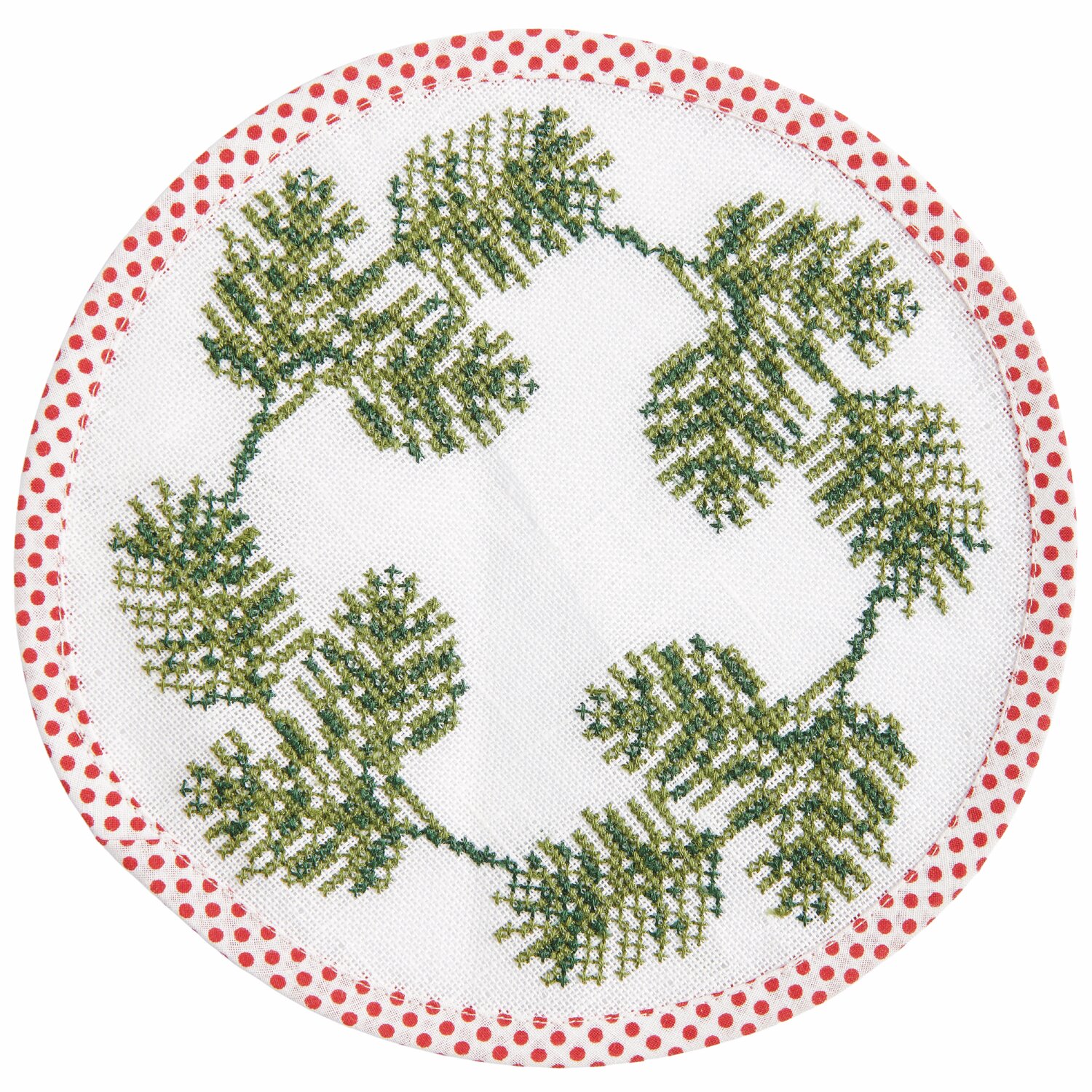 Stickpackung Untersetzer rund Tannenzweige zeigt grüne Tannenzweige auf weißem Hintergrund mit rotem Rand. Ideal für festliche Dekorationen.