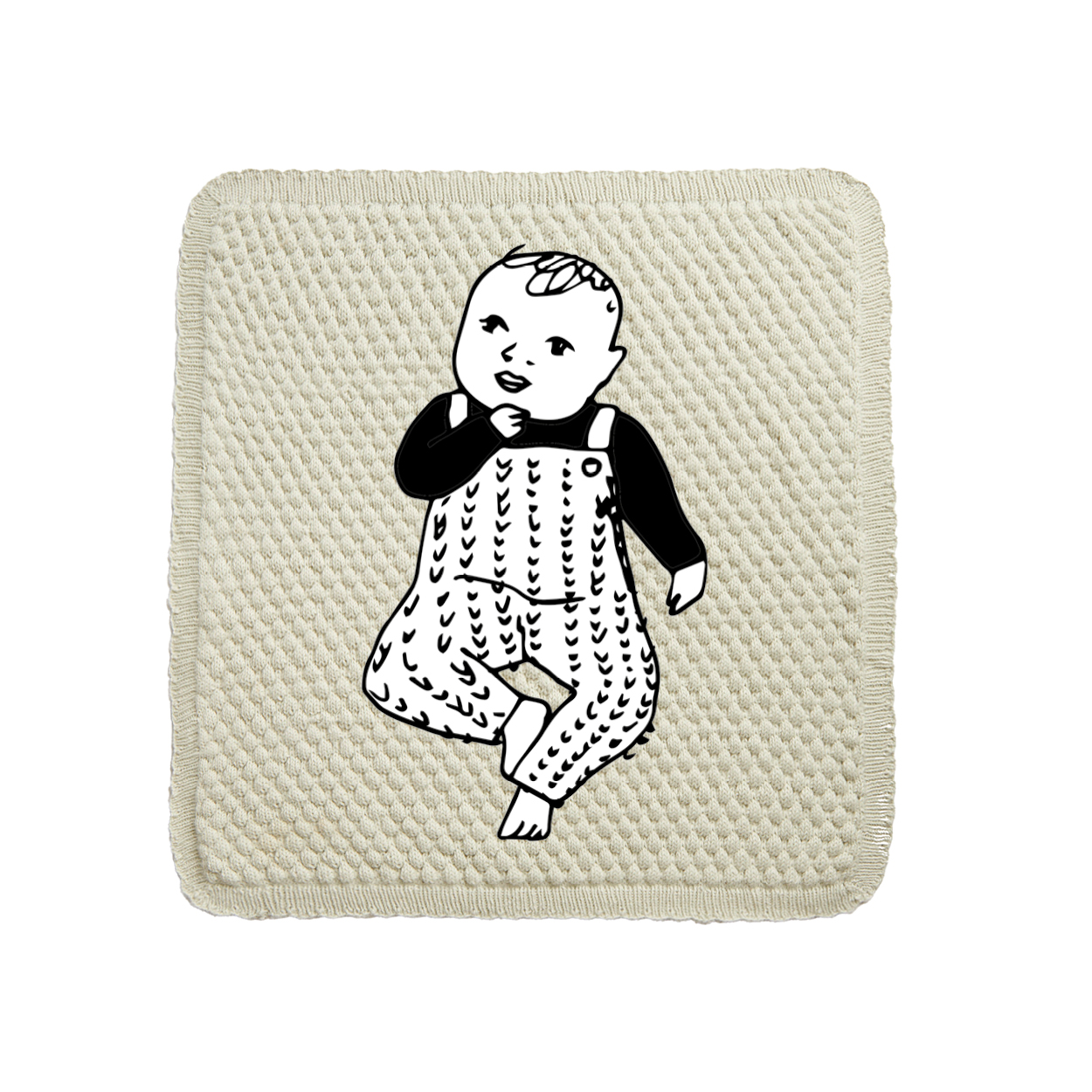 Ein schwarz-weiß gezeichnetes Baby liegt auf einer salbei-farbigen, gestrickten Decke mit Noppenmuster.