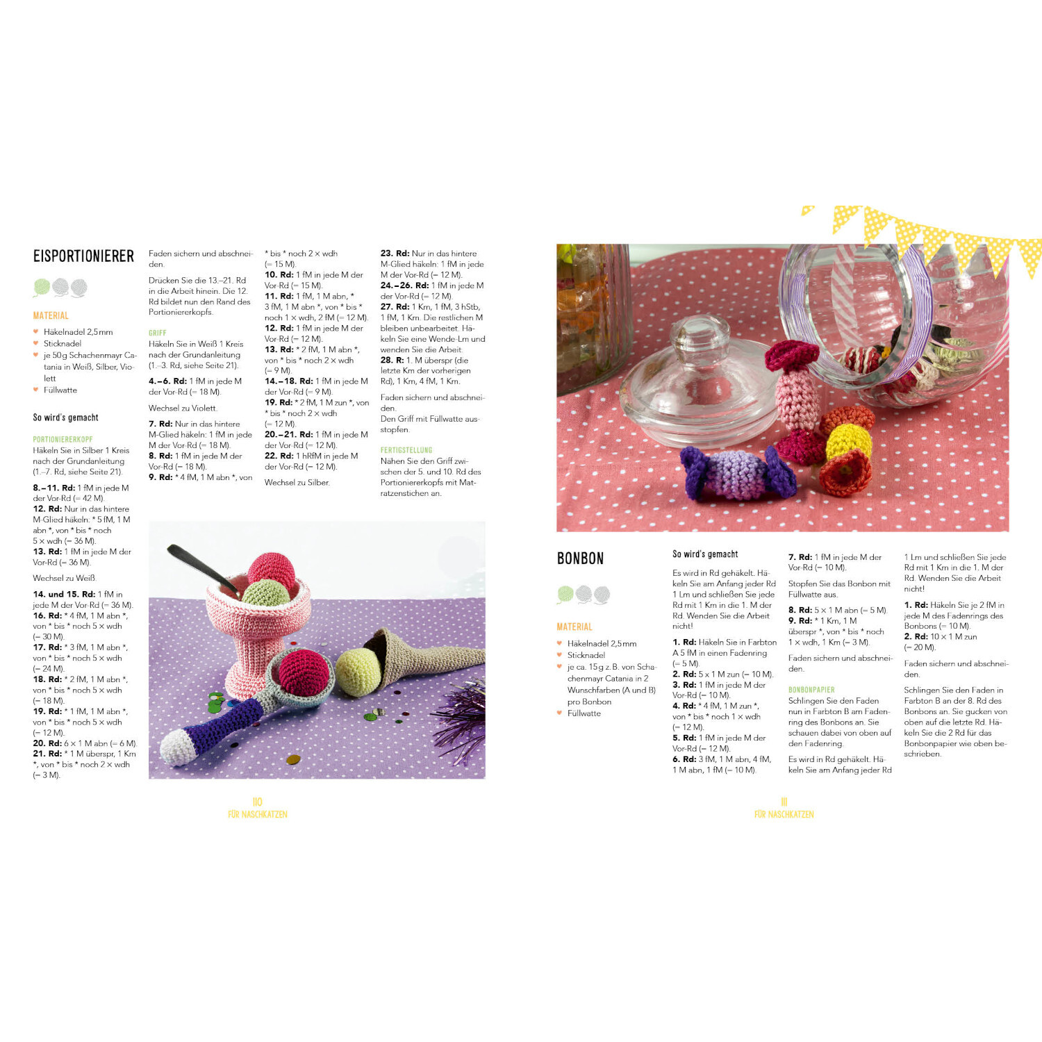 Meine Häkelküche: Bunte Häkelanleitungen für Espressoträger und Bonbons auf gepunktetem Hintergrund.