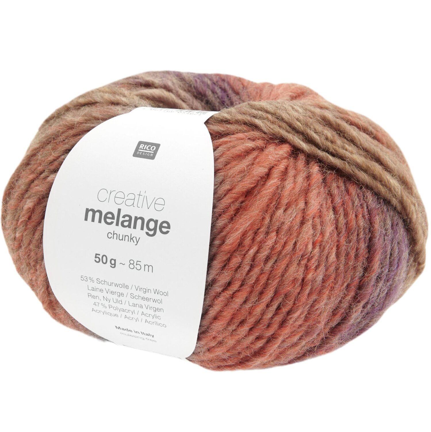 Creative Melange chunky Wolle von Rico Design in warmen Herbsttönen, 50g Knäuel, 85m Länge.