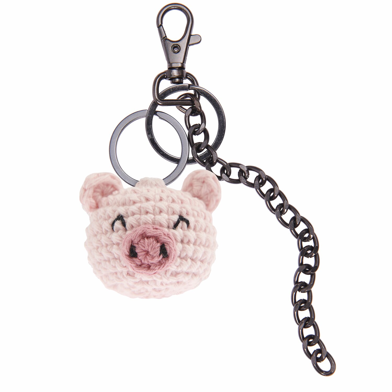 Ricorumi Häkelset Schlüsselanhänger - Chingu Animals: Rosa gehäkeltes Schwein mit Metallkette und Karabinerhaken, ideal für Taschen oder Schlüssel.