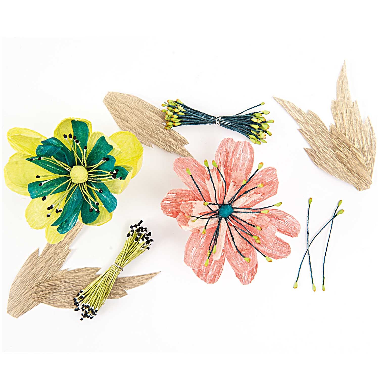 Paper Poetry Papierdraht zeigt bunte Blumenarrangements mit Drahtstielen und Blüten in verschiedenen Farben. Ideal für kreative Bastelprojekte.