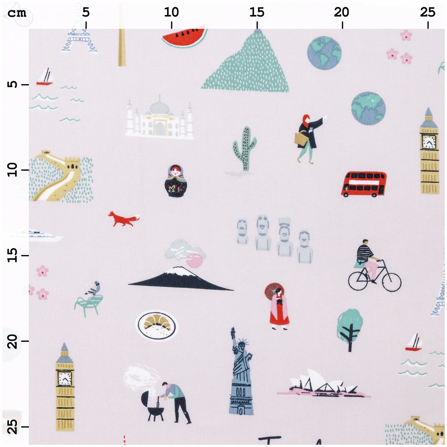 Druckstoff Travel the World flieder zeigt bunte Reise-Motive auf fliederfarbenem Hintergrund. Ideal für kreative Nähprojekte.