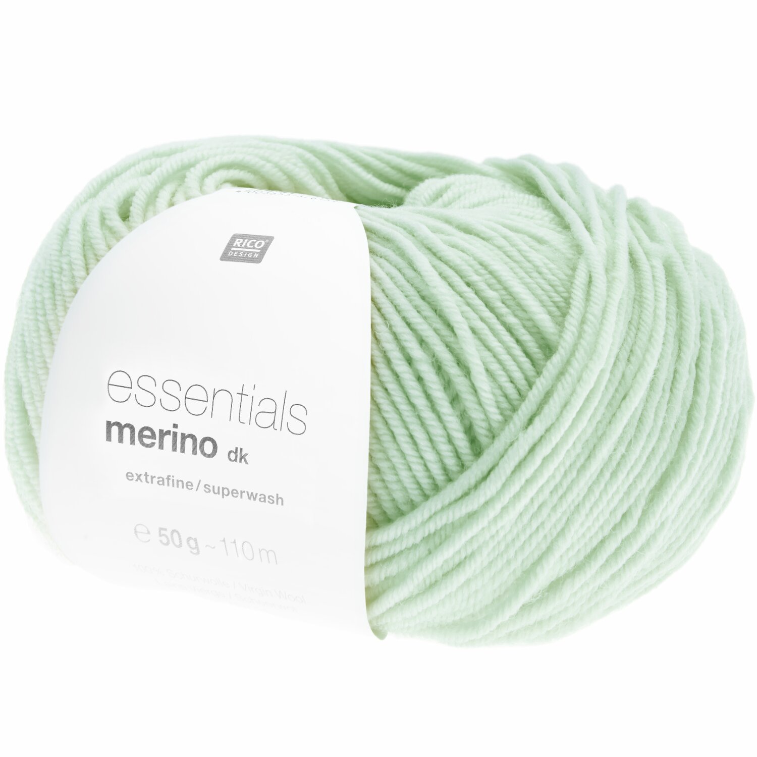 Essentials Merino dk Wolle in zartem Mint von Rico Design, 50g Knäuel, ideal für Strickprojekte.