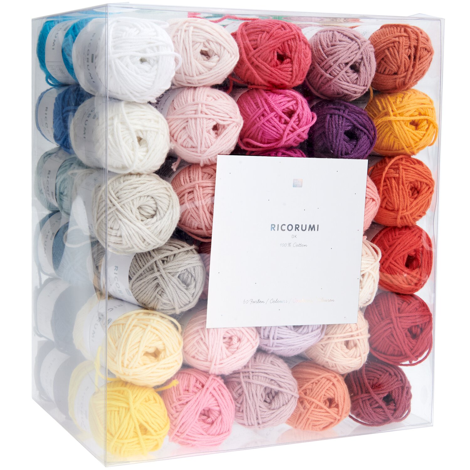 Creative Ricorumi dk Set, 60x25g Garnbox von Rico Design mit vielfarbig sortierten Knäueln in transparenter Verpackung für kreative Häkel- und Strickprojekte