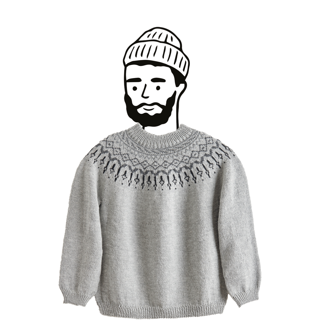 Ein schwarz-weiß gezeichneter Mann trägt einen grauen, gestrickten Pullover mit Jacquardmuster. 