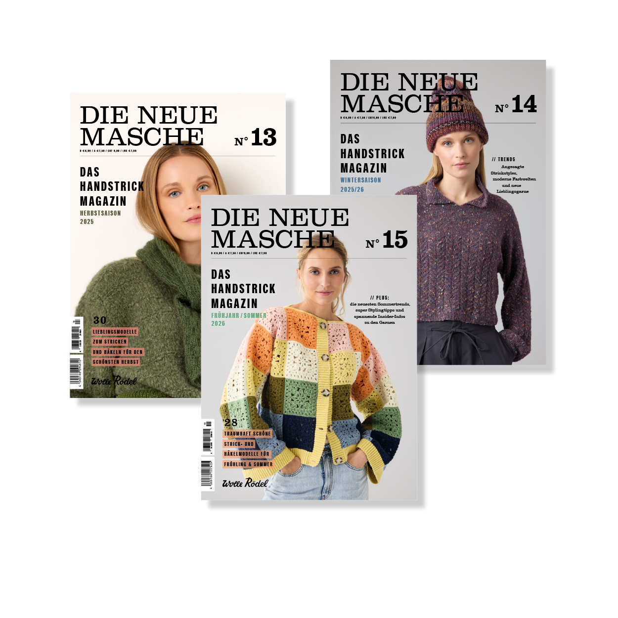 Die Anleitungshefte Die Neue Masche No. 13, 14 und 15 leicht übereinandergelegt. Flatlay von Produkten.