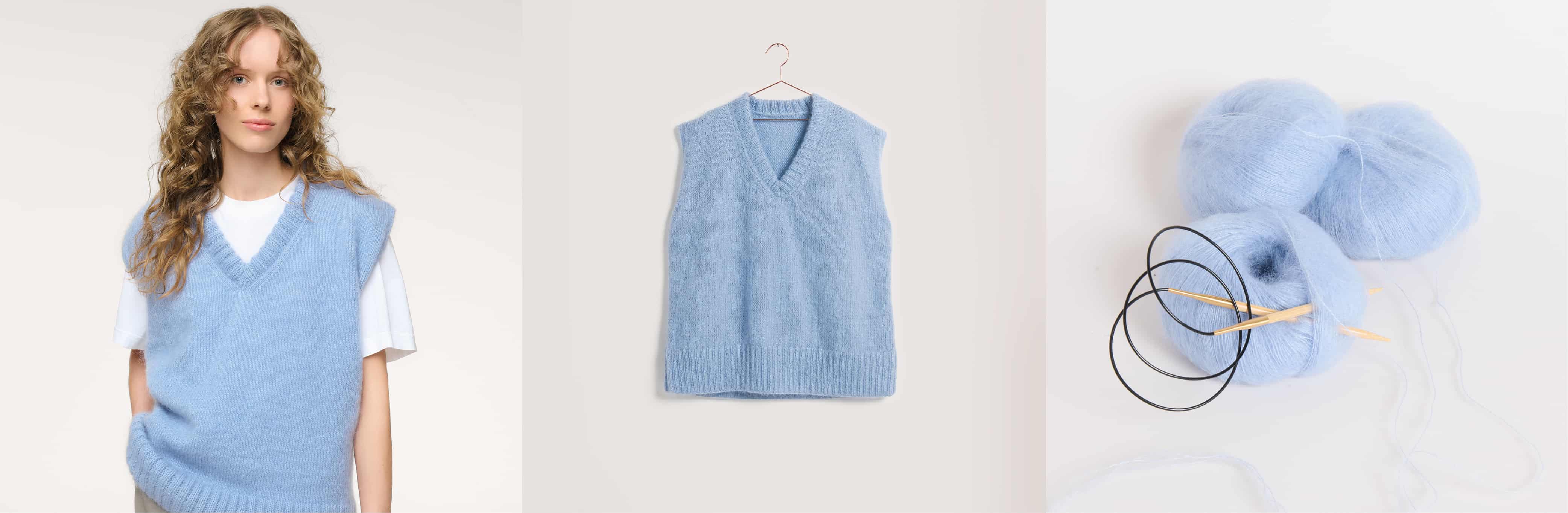 Gestrickter Pullunder Modell 10 aus Made by Me No. 22 getragen an weiblichem Model und auf einem Bügel. Daneben Wollknäuel in Hellblau und Stricknadeln.