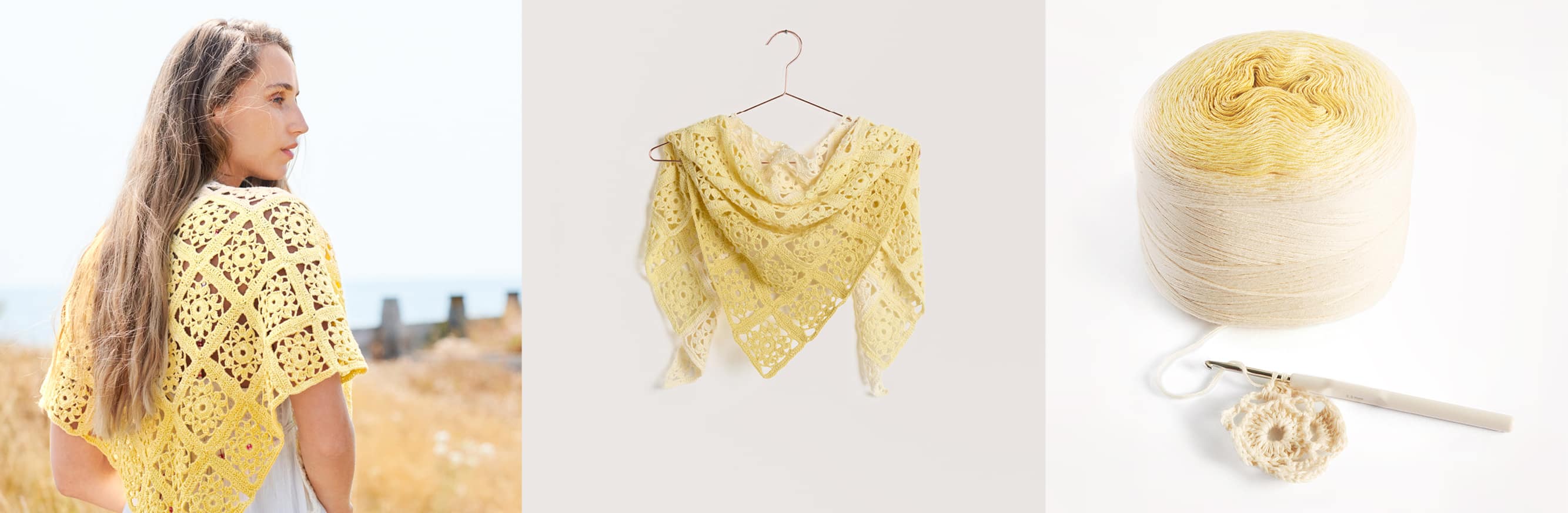Gehäkeltes Dreieckstuch Modell 06 aus Lovewool No. 22 getragen an einer Frau und platziert auf einem Bügel. Daneben ein Knäuel in Gelbtönen und Häkelstück an Häkelnadel.
