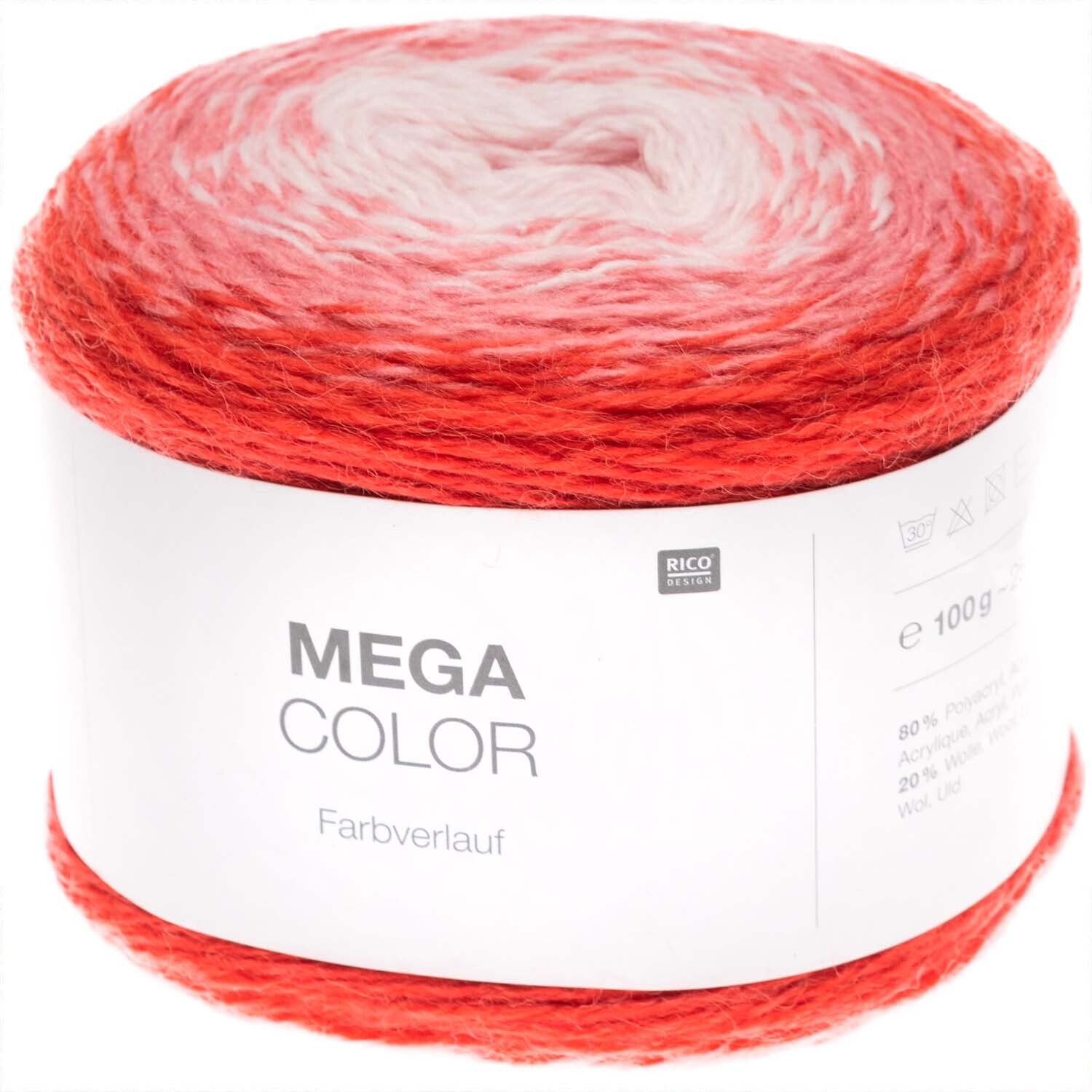 Mega Color: Garnrolle in Rot Mix von Rico Design, 100g, 250m, ideal für Strickprojekte.