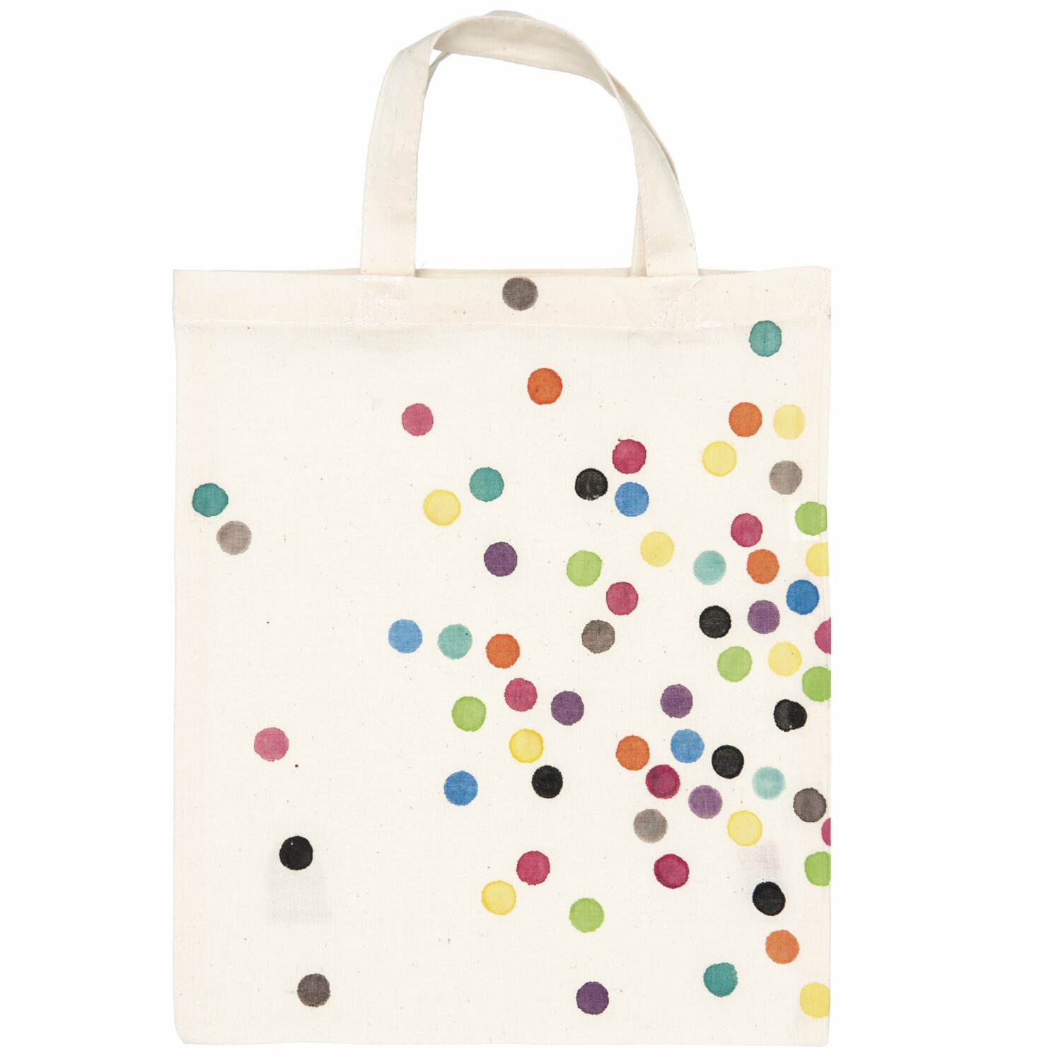 Textilfarben basic 6x40ml von Rico Design Textilfarben basic 6x40ml: Bunte Punkte auf einer weißen Stofftasche, gestaltet mit Textilfarben.