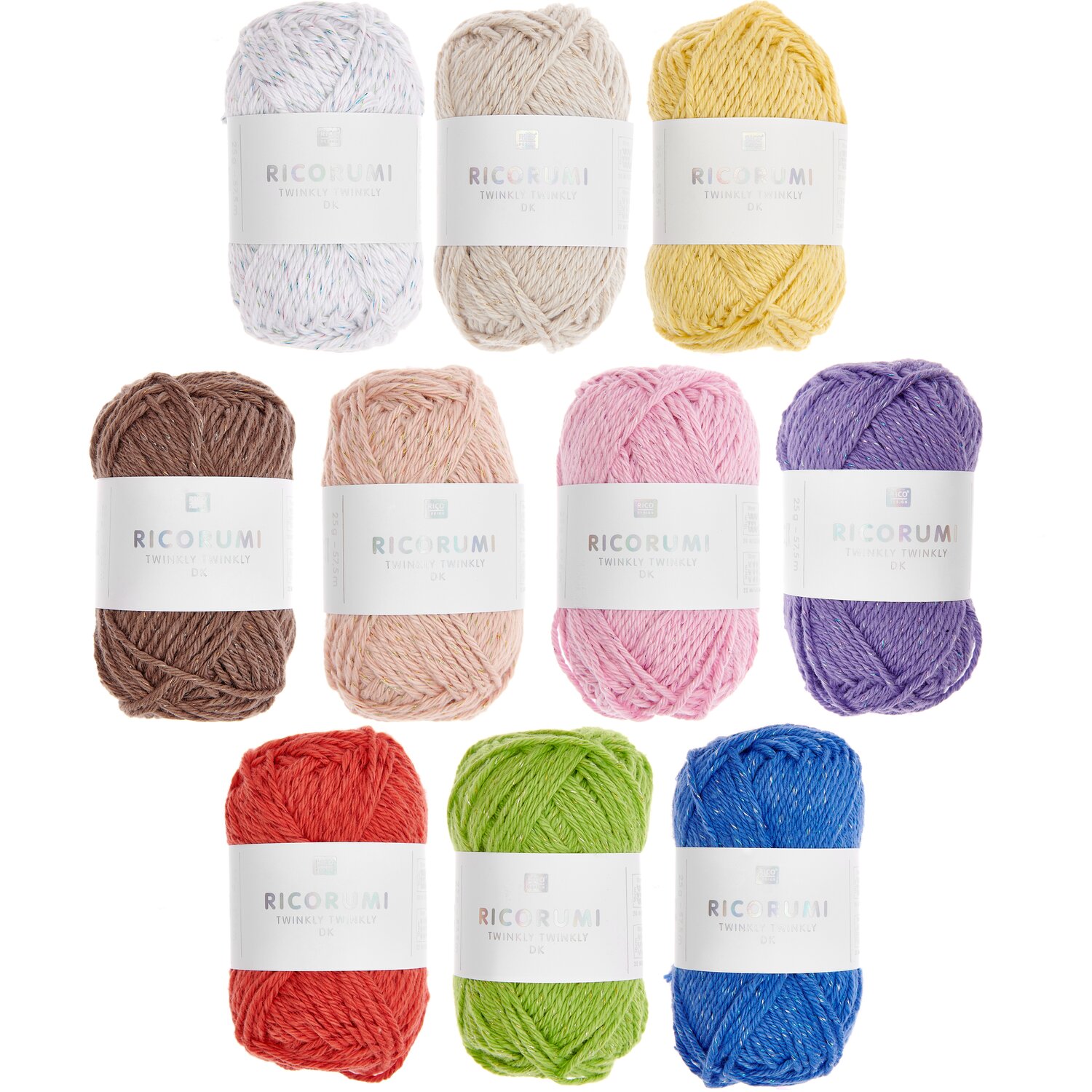 Ricorumi Twinkly Twinkly dk Set, 10x25g Garnbündel in bunten Pastell- und Intensivtönen von Rico Design, ideal zum Häkeln und Stricken kreativer Projekte