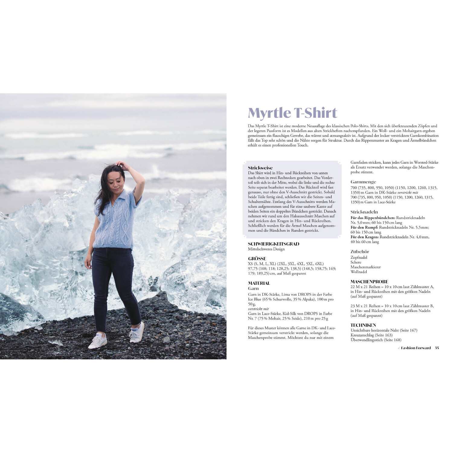 Moderne Zopfmuster stricken von Edition Michael Fischer Moderne Zopfmuster stricken: Frau in blauem T-Shirt vor eisiger Küstenlandschaft, inspiriert von EMF.