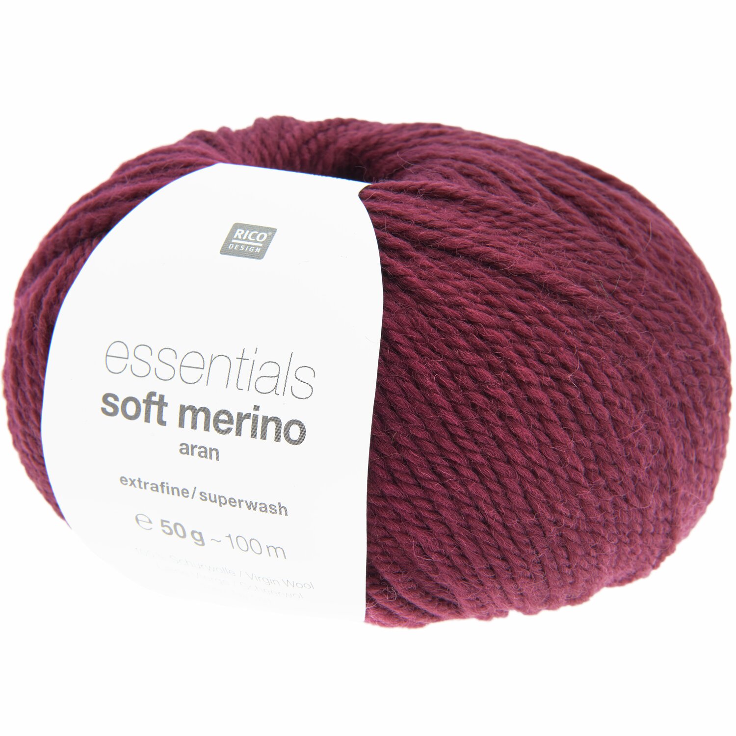 Essentials Soft Merino aran 50g 100m Farbe Weinrot von Rico Design Essentials Soft Merino aran Wolle in Weinrot von Rico Design, 50g Knäuel, extrafein und superwash.