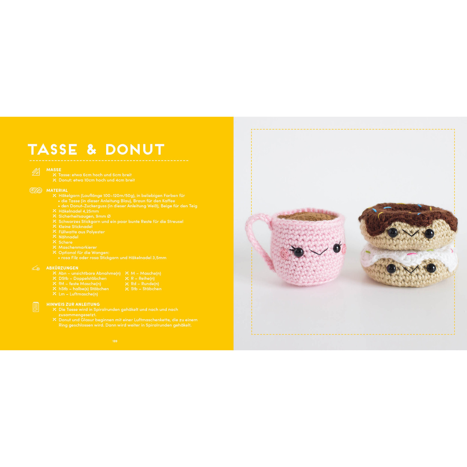 Meine kunterbunte Amigurumi-Welt: Rosa Tasse und zwei Donuts aus Wolle mit niedlichen Gesichtern.