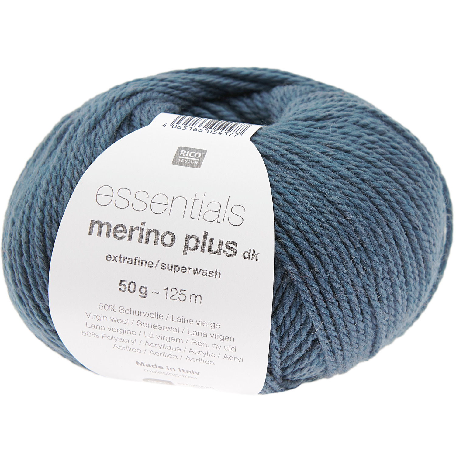 Essentials Merino Plus dk Wolle in Denim von Rico Design, 50g Knäuel, ideal für Strickprojekte.