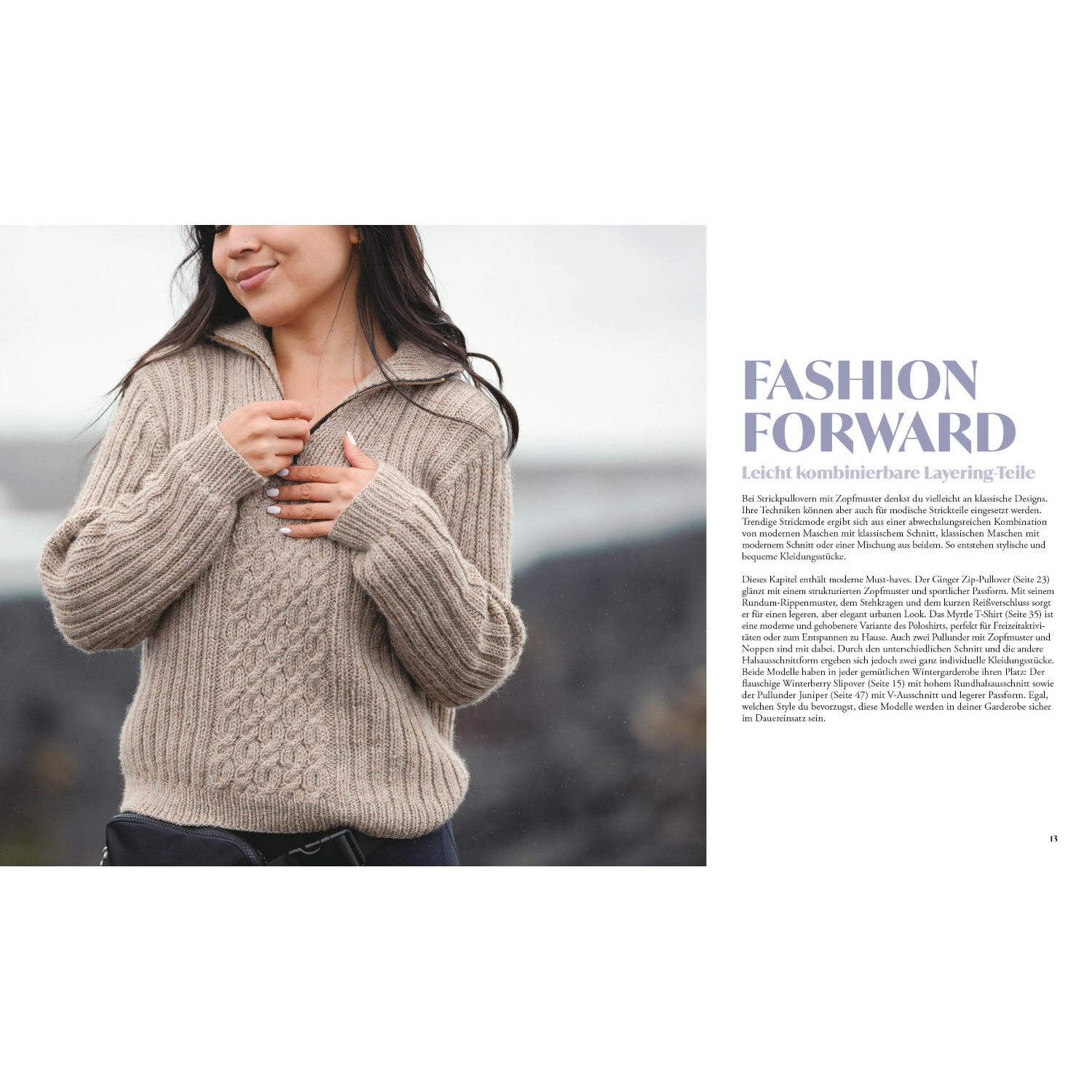 Moderne Zopfmuster stricken von Edition Michael Fischer Moderne Zopfmuster stricken: Frau in beigem Strickpullover mit Zopfmuster vor unscharfem Hintergrund.