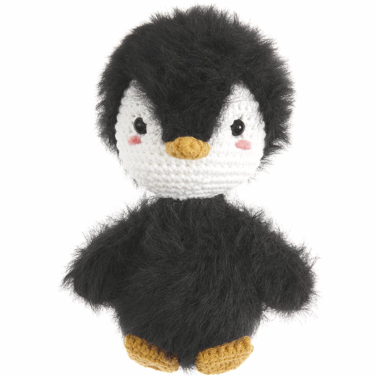 Creative Ricorumi dk 25g Farbe Senf von Rico Design Ricorumi Furry Animals: Niedlicher gehäkelter Pinguin in Schwarz und Weiß mit senffarbenen Füßen.