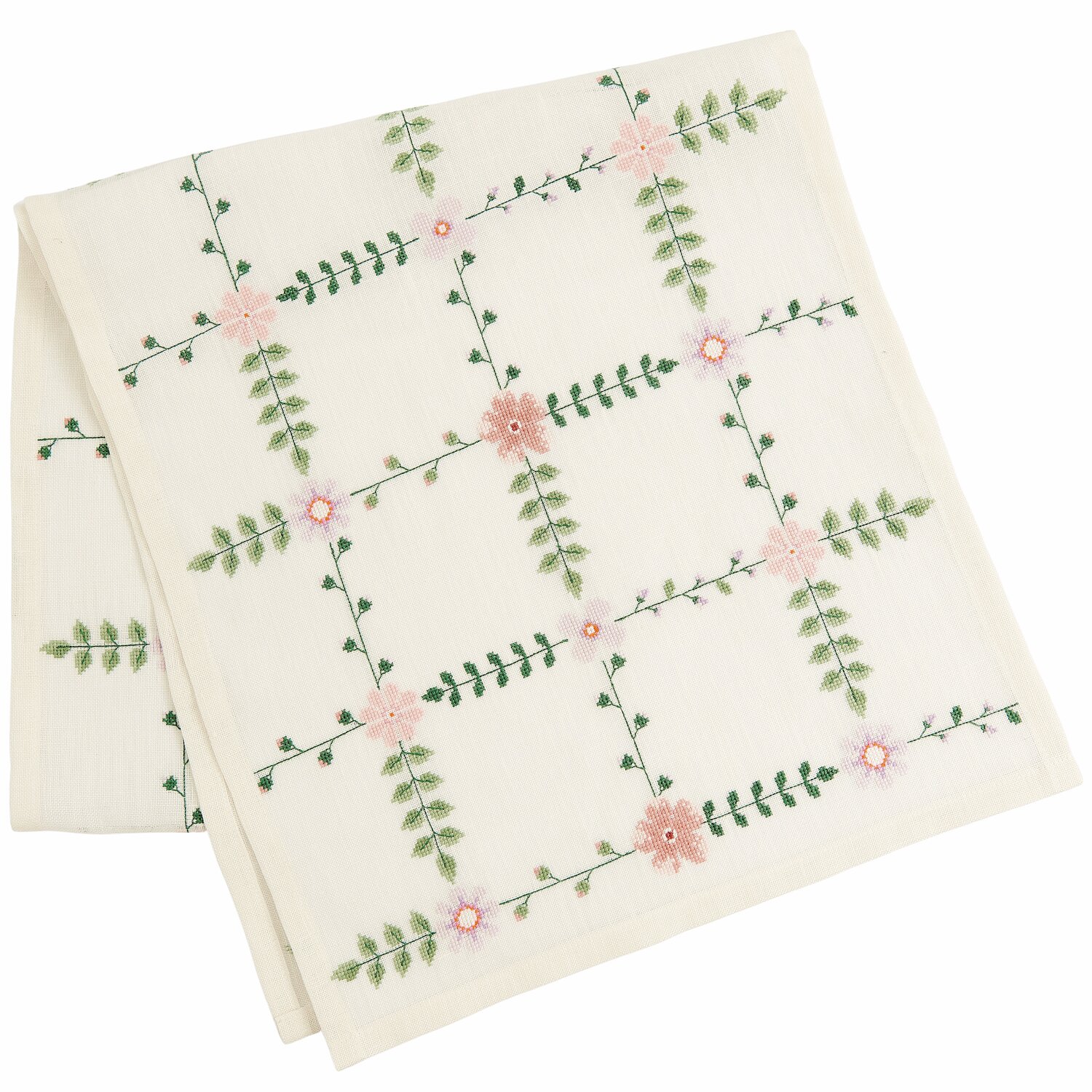 Stickpackung Gezählter Kreuzstich Tischläufer Wiesenblümchen, 42x164cm, zeigt florales Muster in Rosa und Grün auf cremefarbenem Stoff.