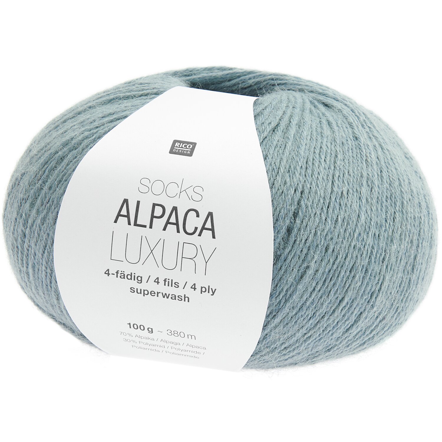 Socks Alpaca Luxury 4-fädig in Aqua, 100g 380m, ideal für Strickprojekte mit Premium-Naturfasern.