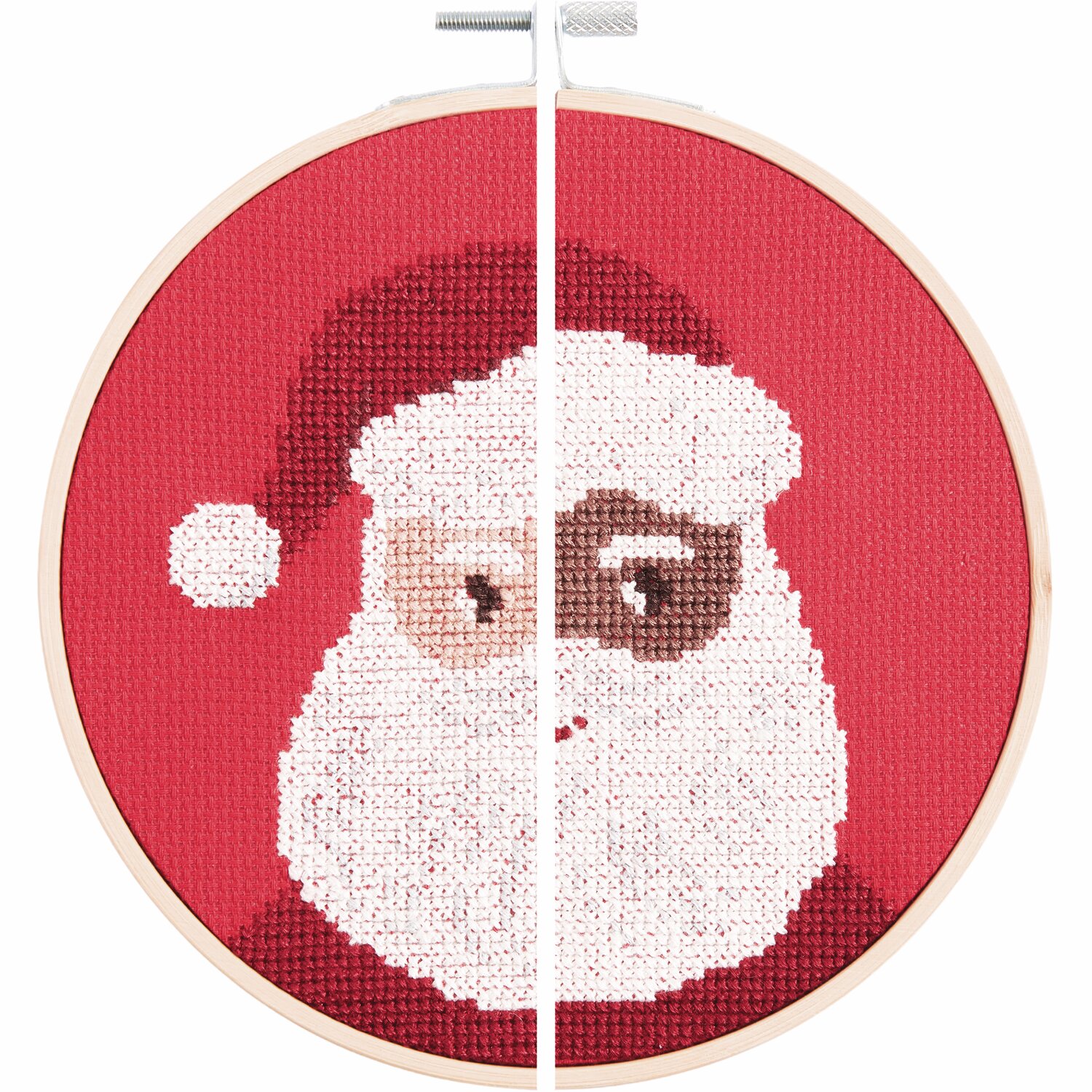 Stickpackung Portrait Santa zeigt ein gesticktes Weihnachtsmann-Gesicht auf rotem Hintergrund, Ø15cm.