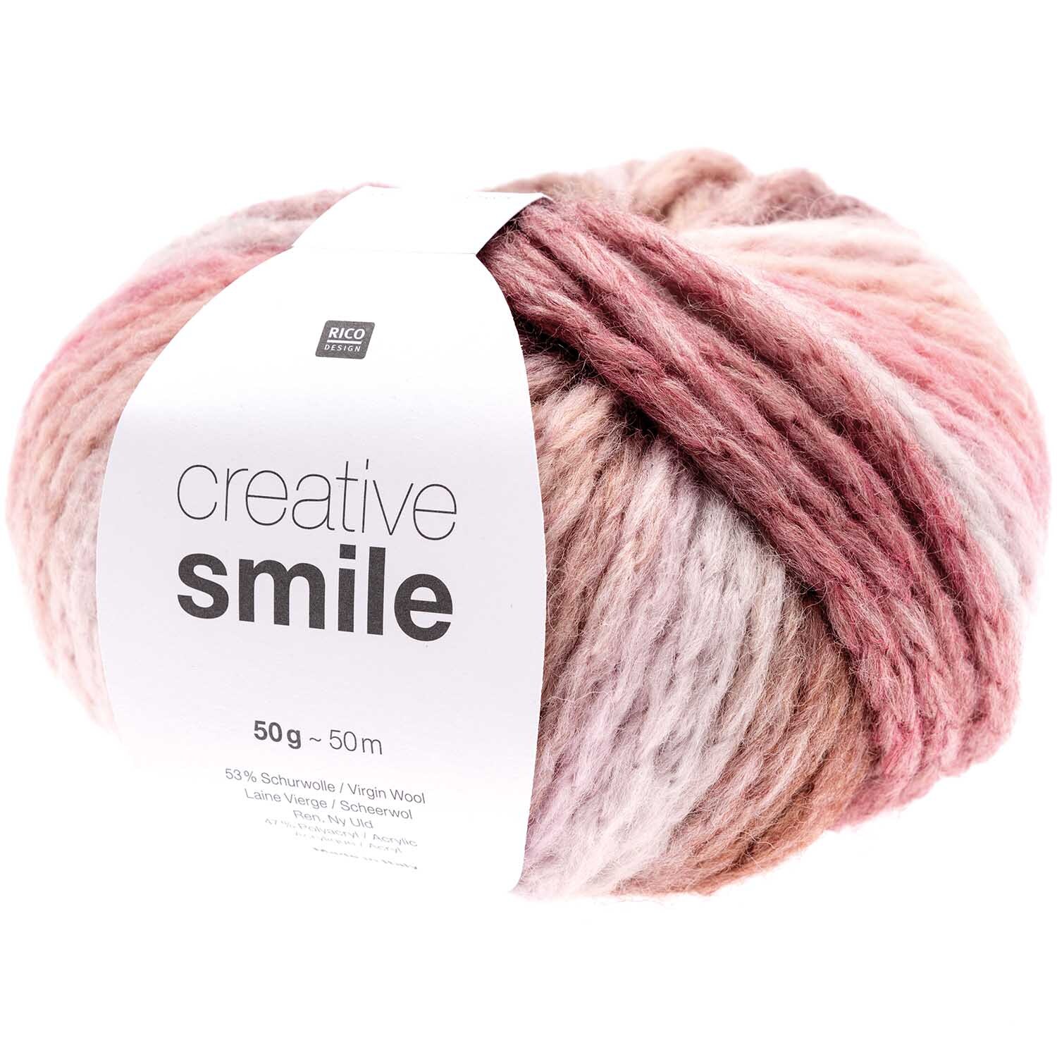 Creative Smile Wolle von Rico Design in sanften Rosa- und Beigetönen, 50g Knäuel, ideal für Strickprojekte.