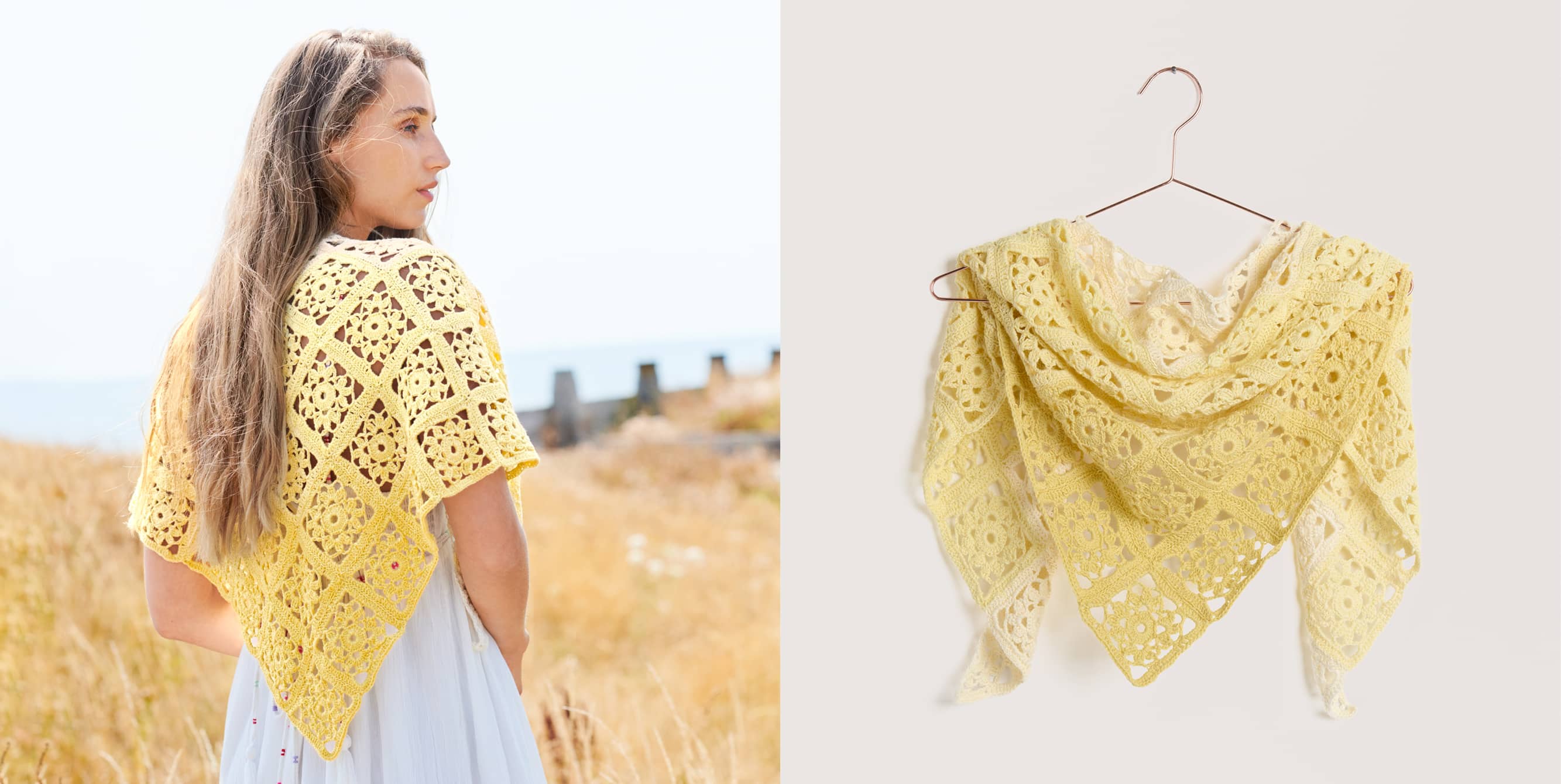 Gehäkeltes Dreieckstuch Modell 06 aus Lovewool No. 22 getragen an einer Frau und platziert auf einem Bügel.