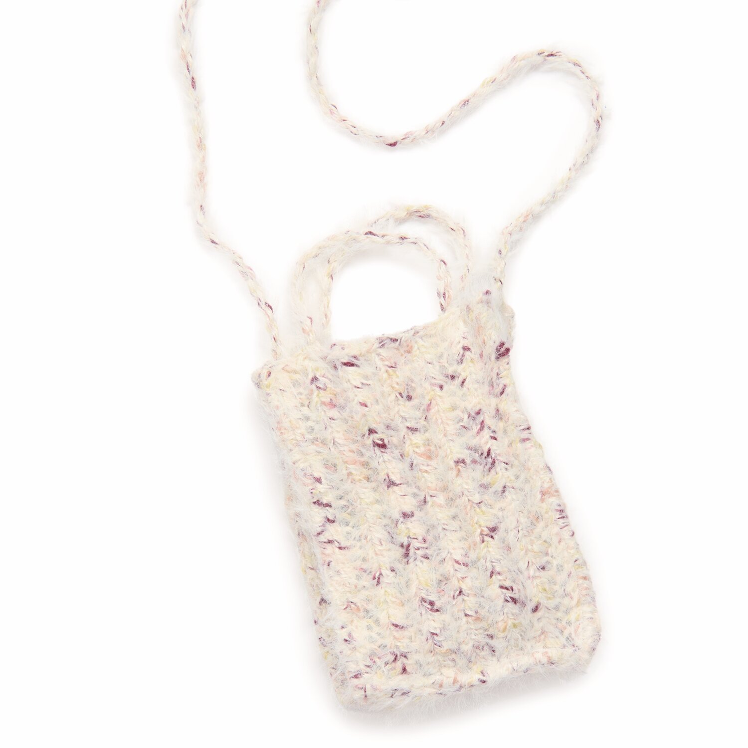 Berries: Handgestrickte Tasche in Weiß mit zarten Farbakzenten, ideal für den Sommer.