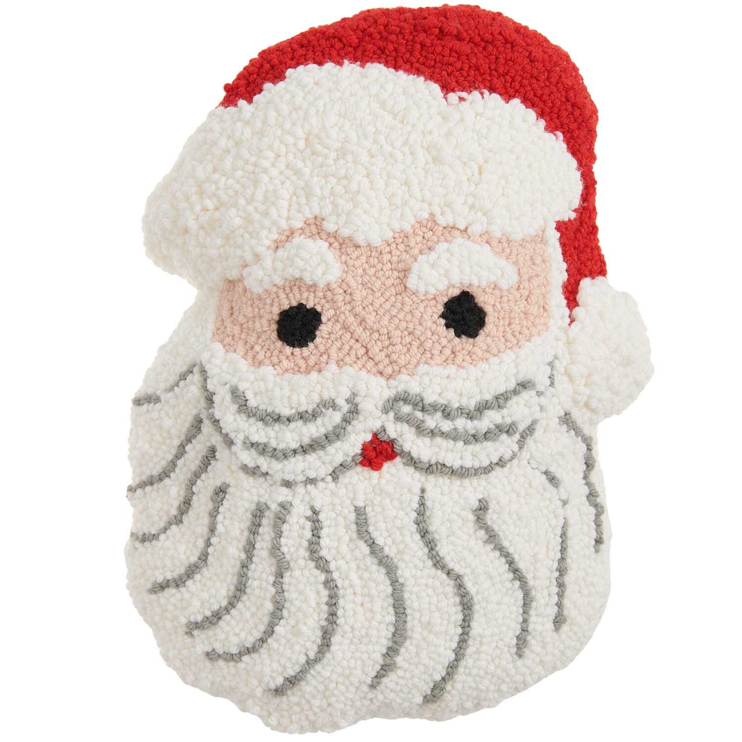 Punch Needle Packung Kissen Santa zeigt ein weiches, handgefertigtes Kissen in Form von Santas Gesicht. Ideal für weihnachtliche Dekoration.