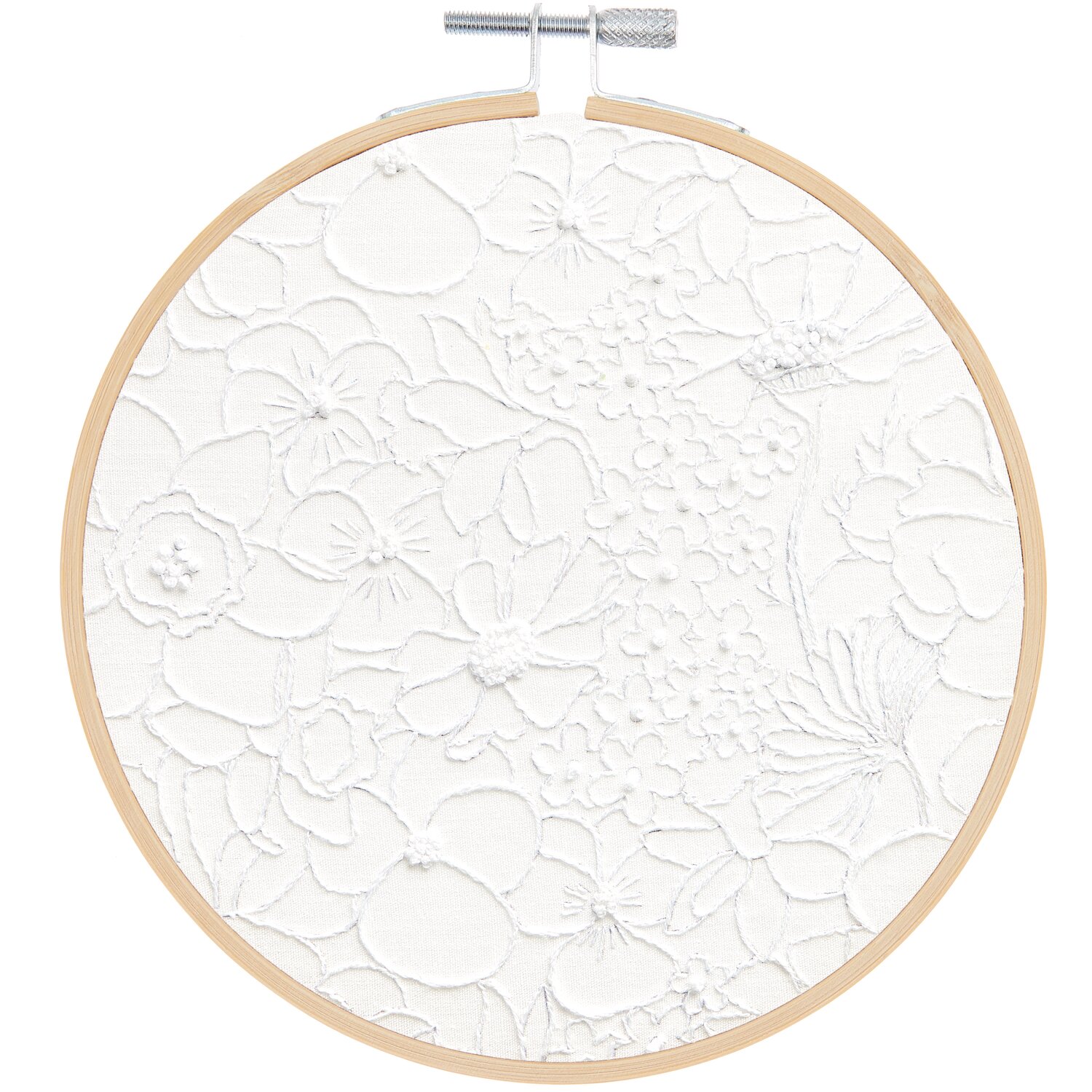 Stickpackung weiße Blume vorgezeichnet Ø15cm zeigt florales Muster in Holzrahmen. Ideal für kreative Handarbeiten.