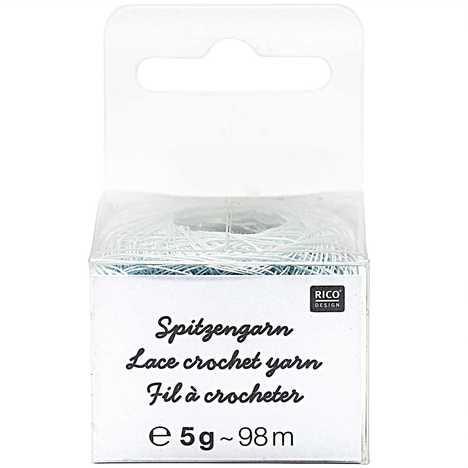 Spitzengarn in Hellblau von Rico Design, 5g 98m, in einer transparenten Verpackung. Ideal für feine Häkelarbeiten.