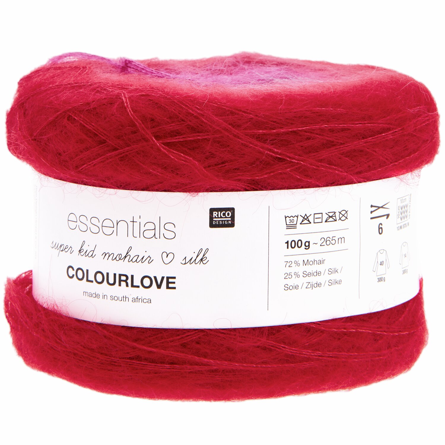 Essentials Super Kid Mohair Loves Silk Colourlove, 100g, 265m, in leuchtendem Rot von Rico Design. Ideal für luxuriöse Strickprojekte.