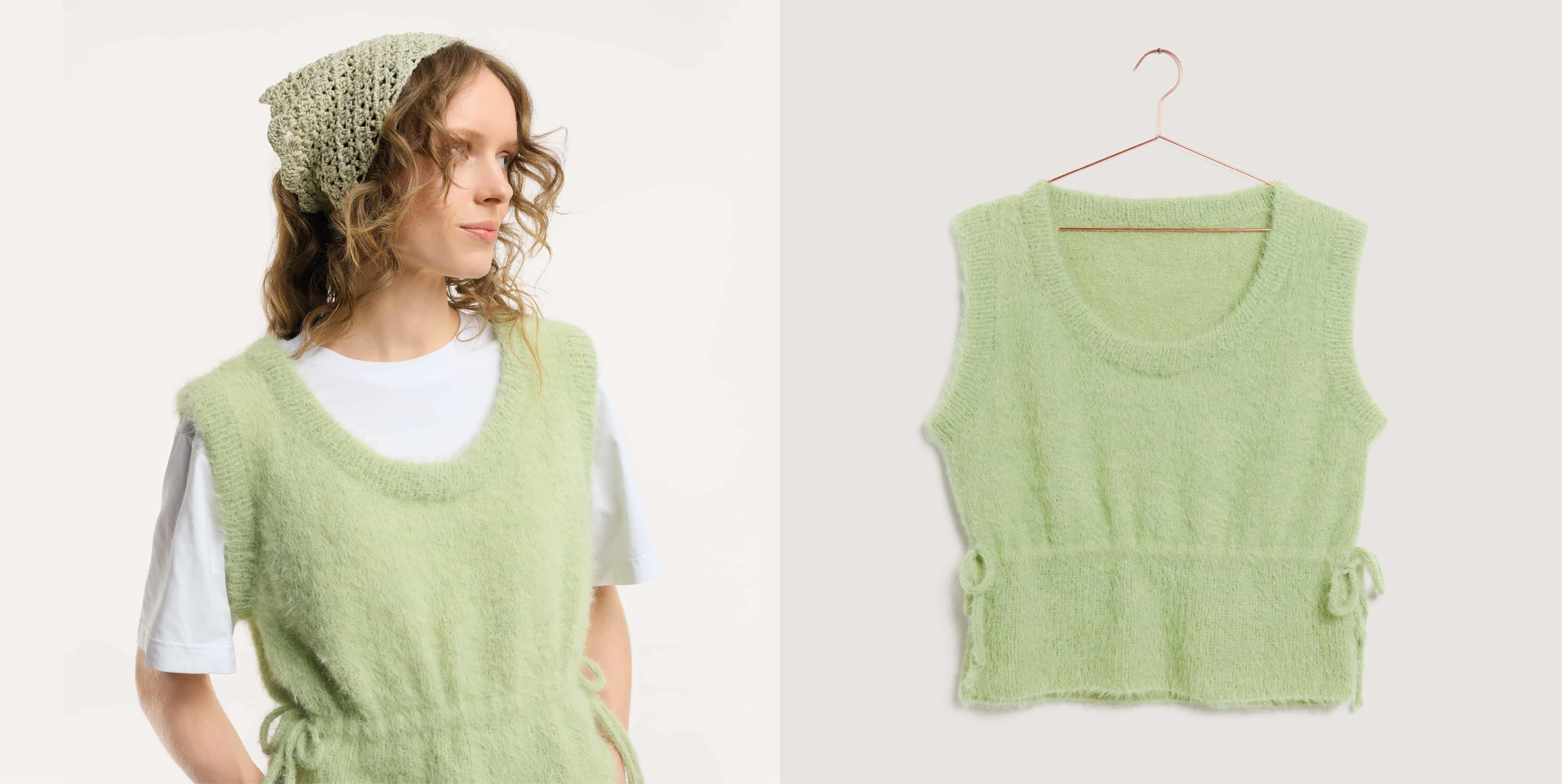 Gestricktes Top  Modell 20 aus Made by Me No. 22 getragen an weiblichem Model und auf einem Bügel.