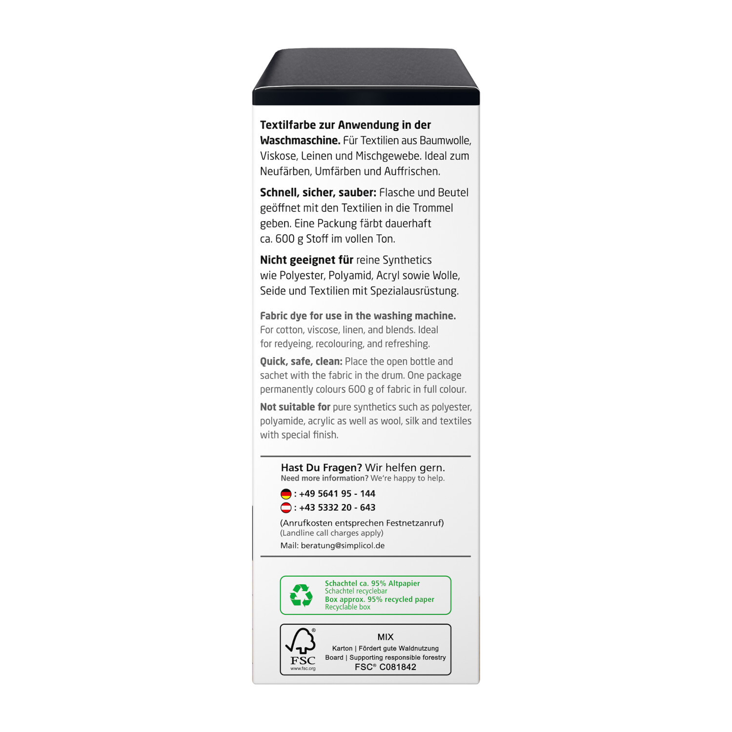 Textilfarbe intensiv 150ml für Waschmaschinenanwendung, geeignet für Baumwolle und Leinen.