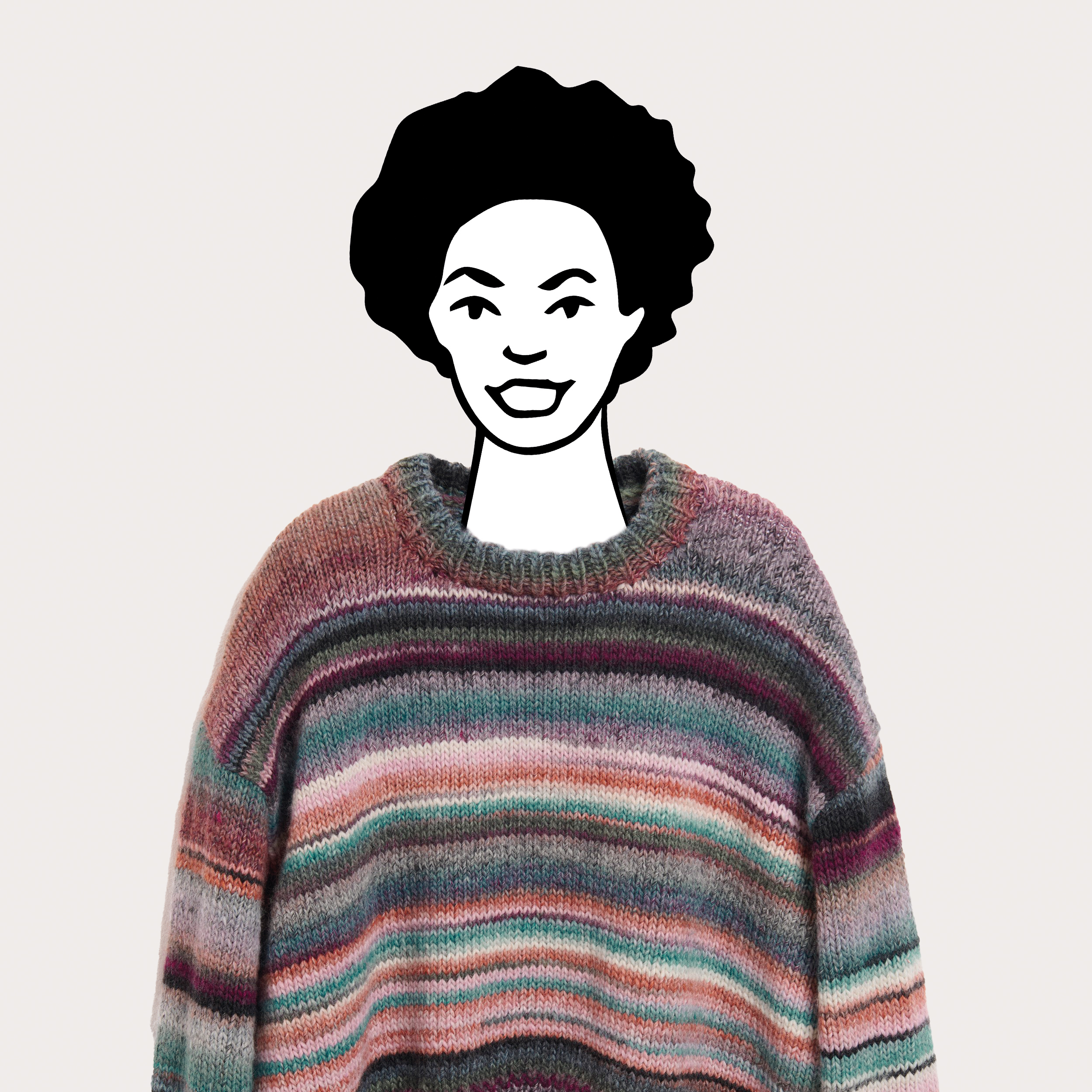 Schwarz-weiß gezeichnete Frau trägt Pullover mit Farbverlauf