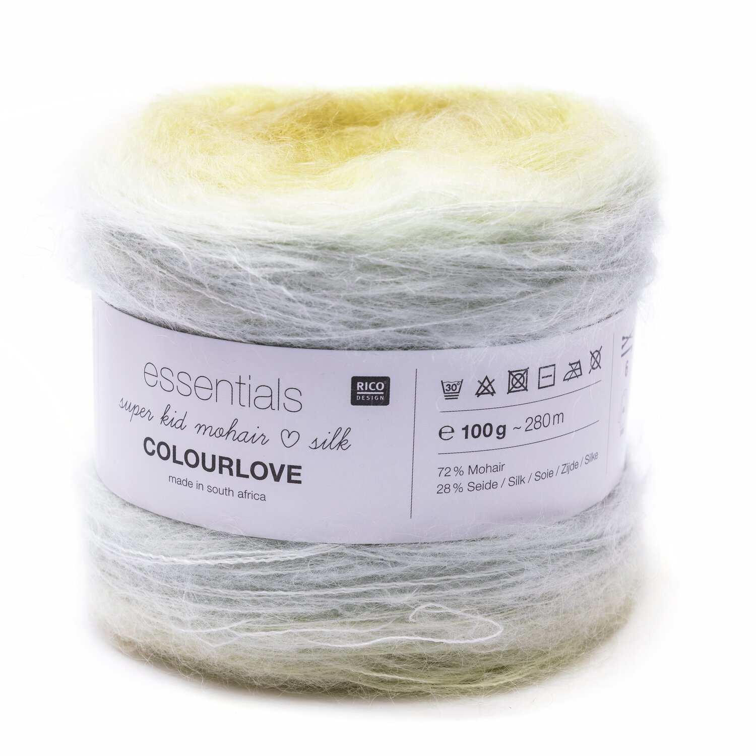 Essentials Super Kid Mohair Loves Silk Colourlove: Weiches Garn in sanften Gelb- und Grautönen, ideal für luxuriöse Strickprojekte.
