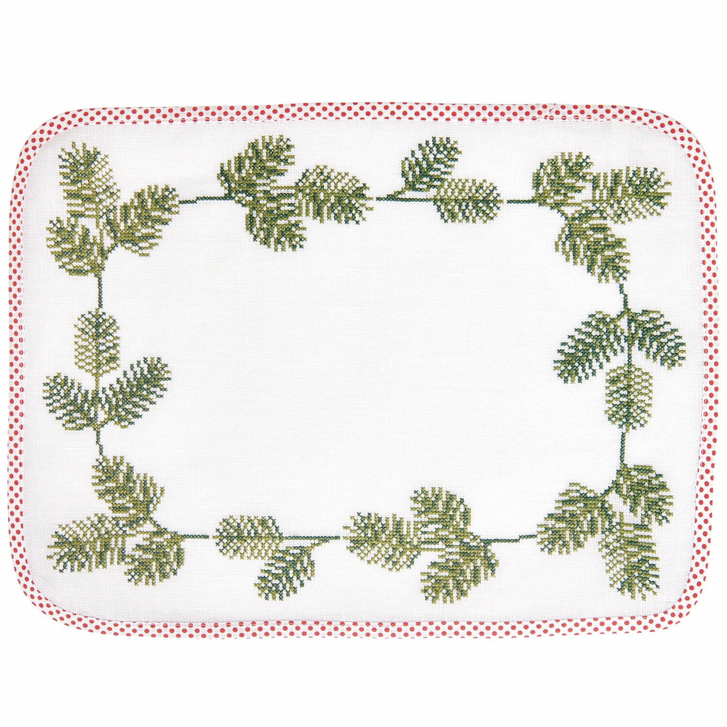 Stickpackung Platzsets eckig Tannenzweige, 2 Stück, von Rico Design. Rechteckige Platzsets mit grünen Tannenzweigen auf weißem Hintergrund.