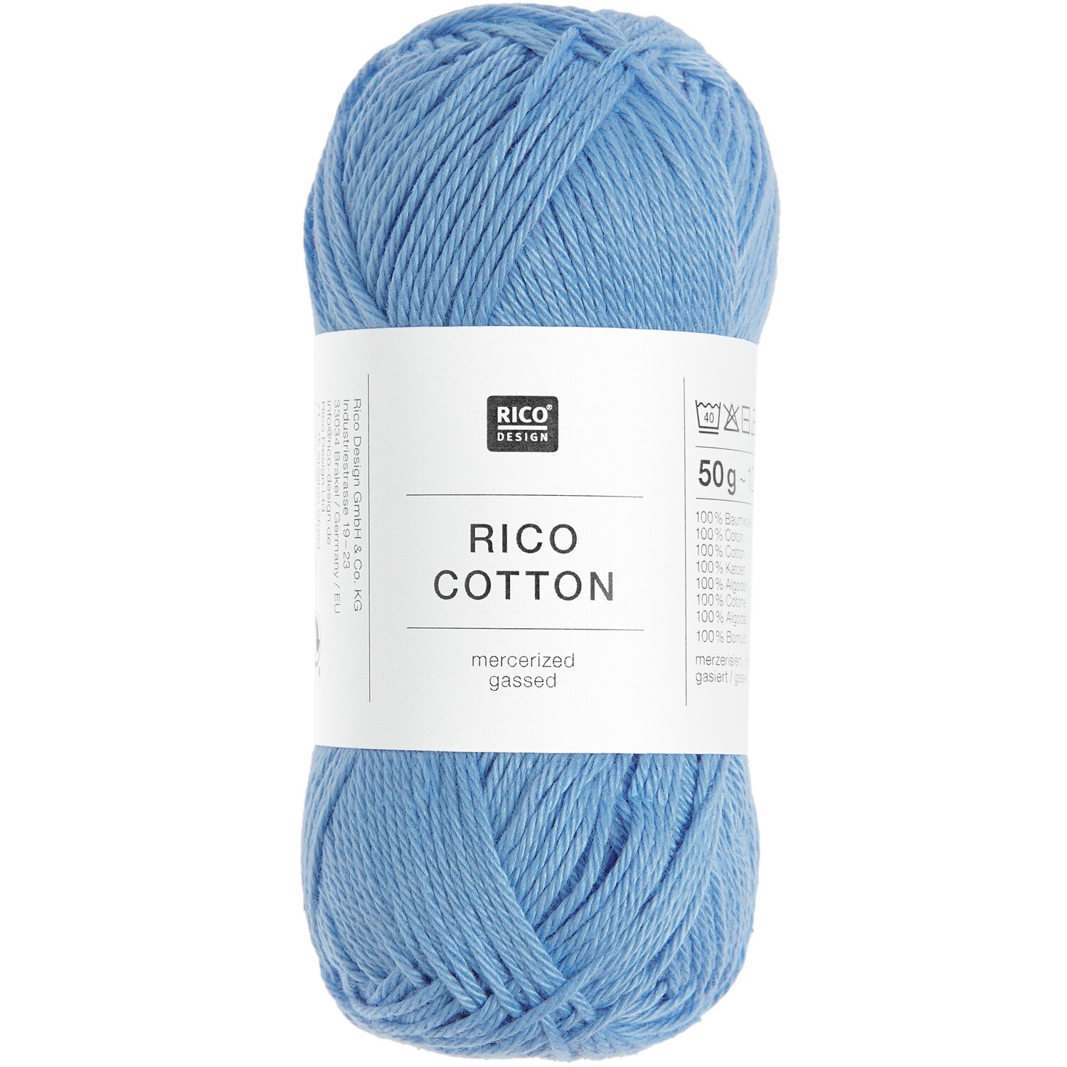Rico Cotton, himmelblaues Garn, 50g 125m, von Rico Design. Ideal für Strick- und Häkelprojekte.
