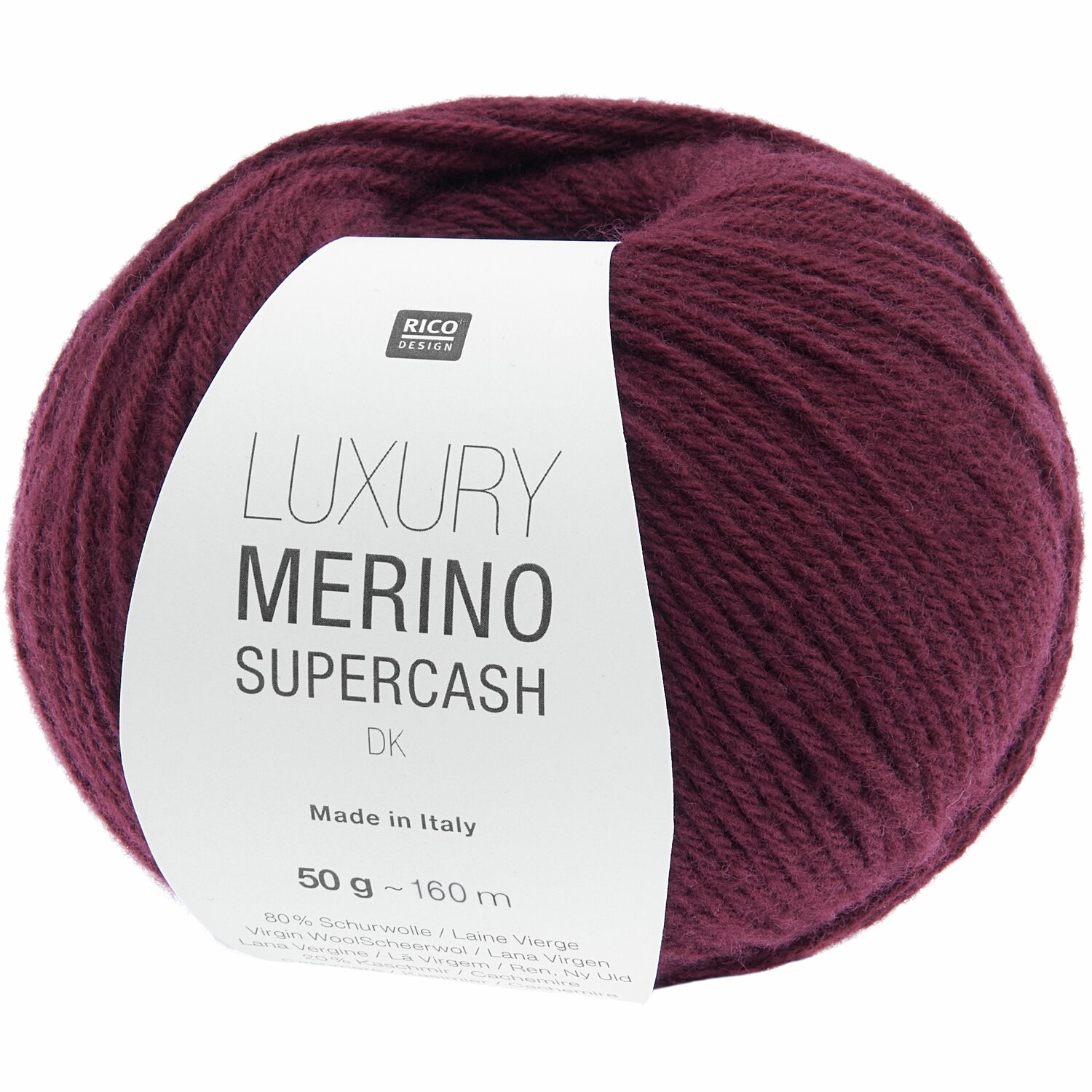 Luxury Merino Supercash dk Wolle in Bordeaux von Rico Design, 50g Knäuel mit 160m Länge.