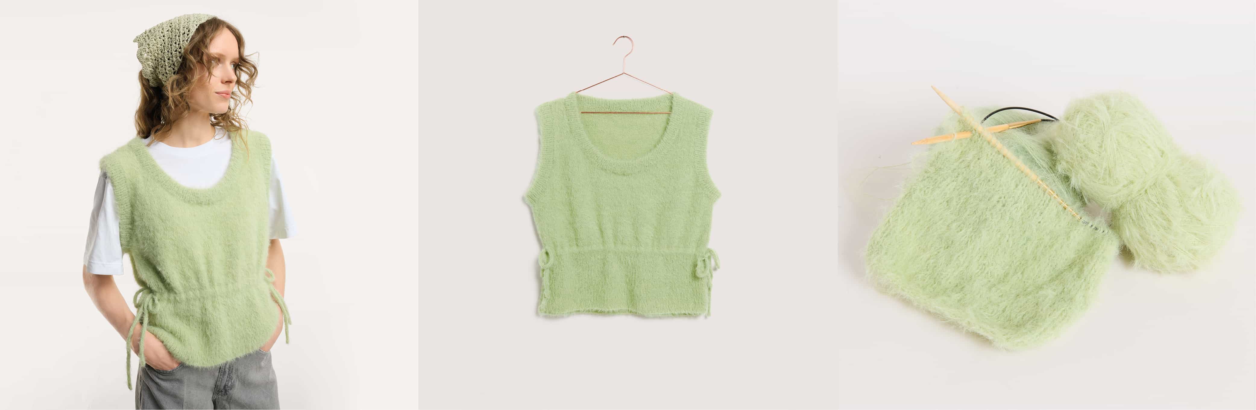 Gestricktes Top  Modell 20 aus Made by Me No. 22 getragen an weiblichem Model und auf einem Bügel. Daneben Wollknäuel in Hellgrün und ein Strickstück an Stricknadeln.
