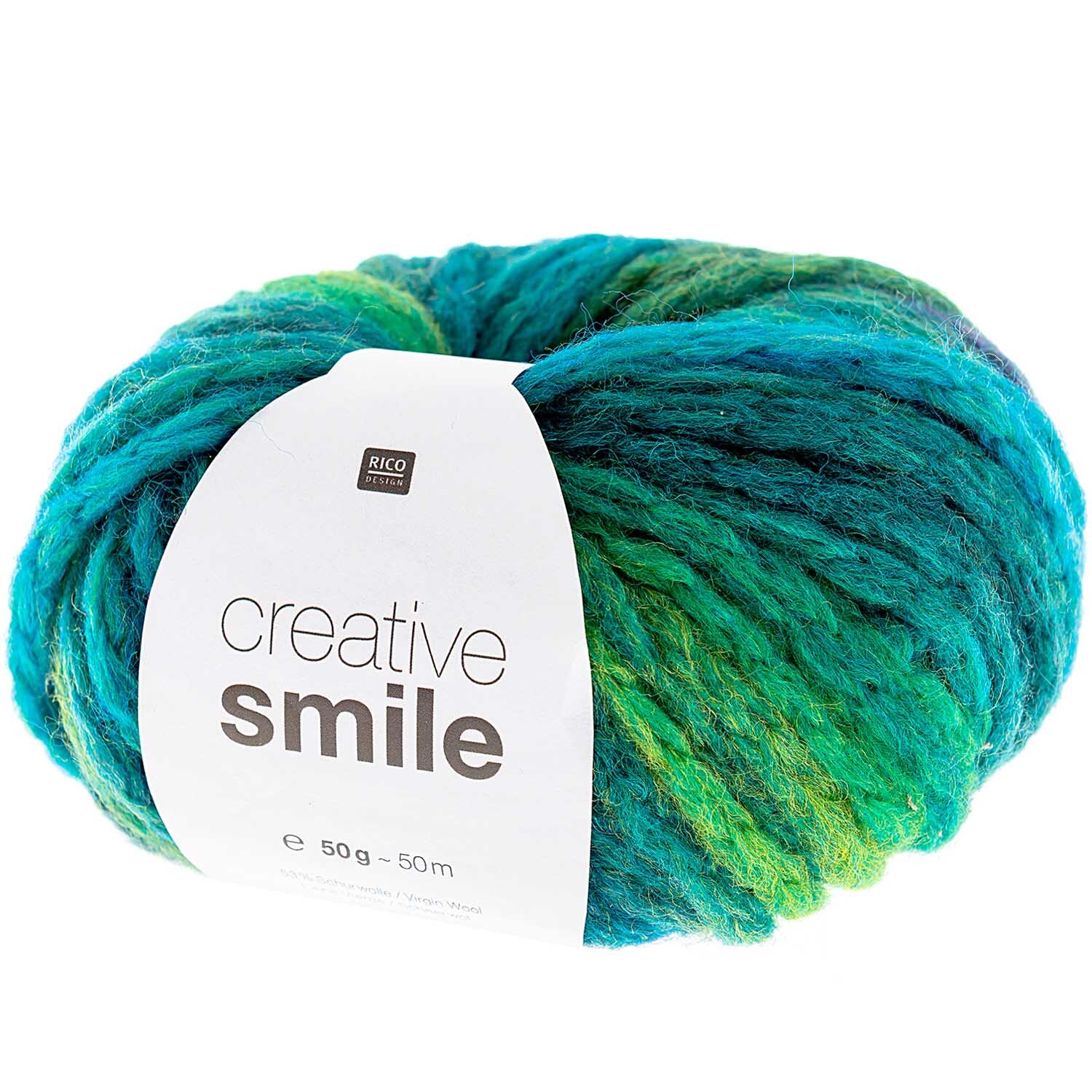 Creative Smile Wolle von Rico Design in Aqua, 50g 50m, zeigt lebendige Blautöne in einem weichen Garnknäuel.