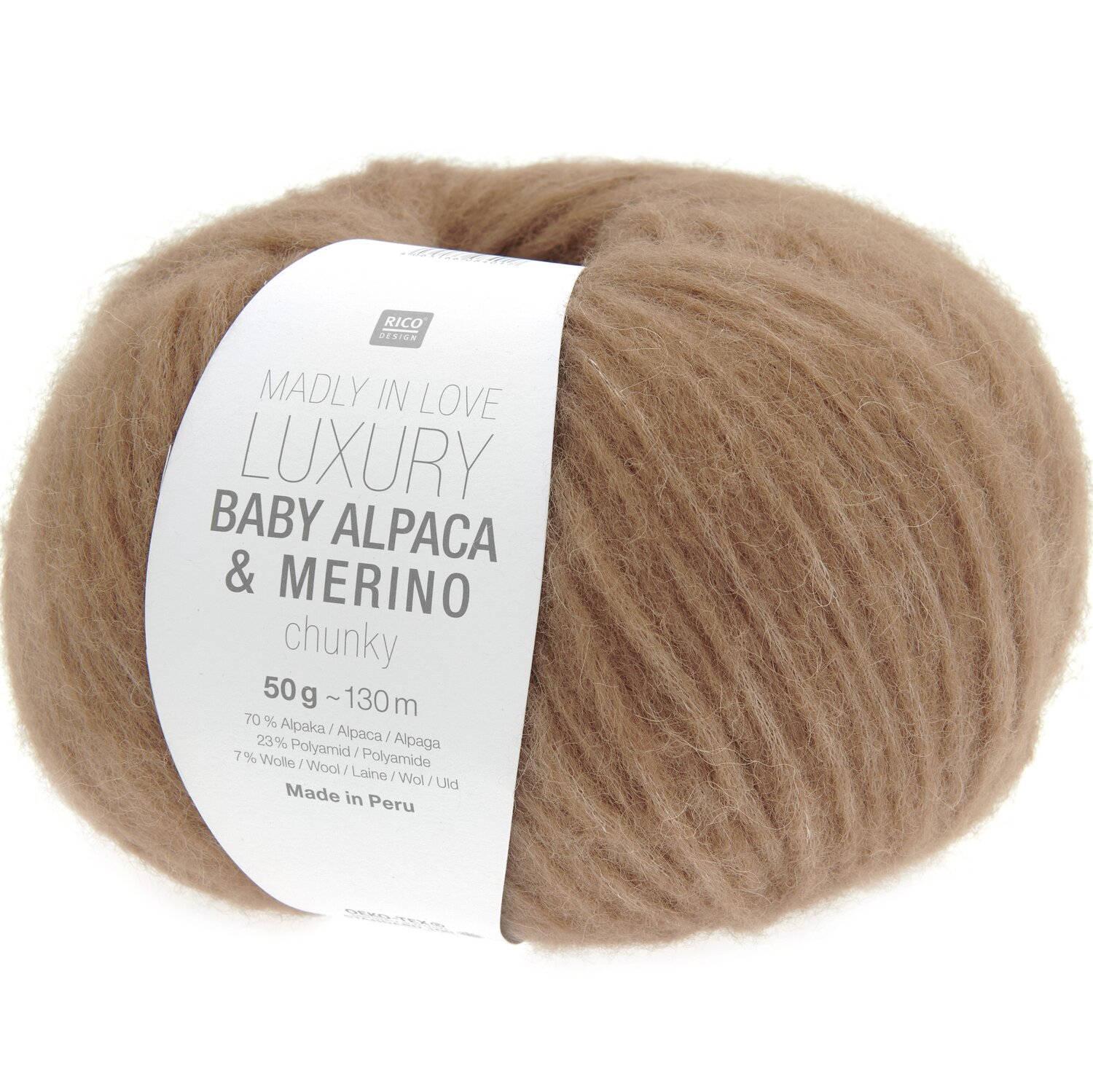 Luxury Baby Alpaca & Merino chunky Wolle in Zimt von Rico Design, 50g, 130m. Ideal für Strickprojekte.