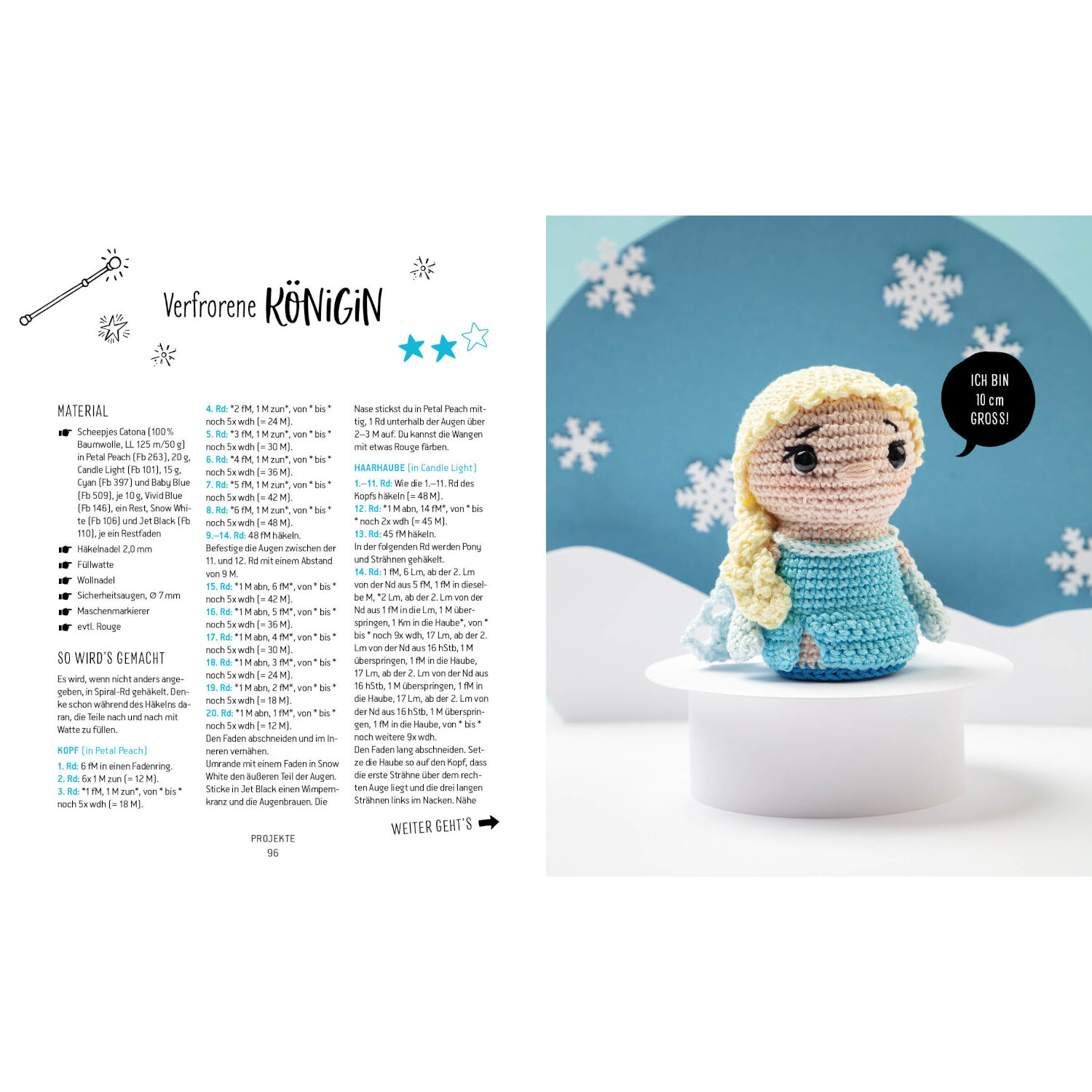 Helden der Kindheit - Die Minis: Gehäkelte Puppe in blauem Kleid vor Schneeflocken-Hintergrund.