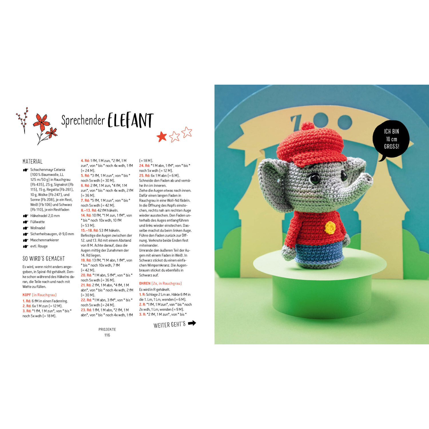 Helden der Kindheit - Die Minis: Häkelanleitung für einen sprechenden Elefanten in Rot und Grau. Ideal für kreative Handarbeitsprojekte.