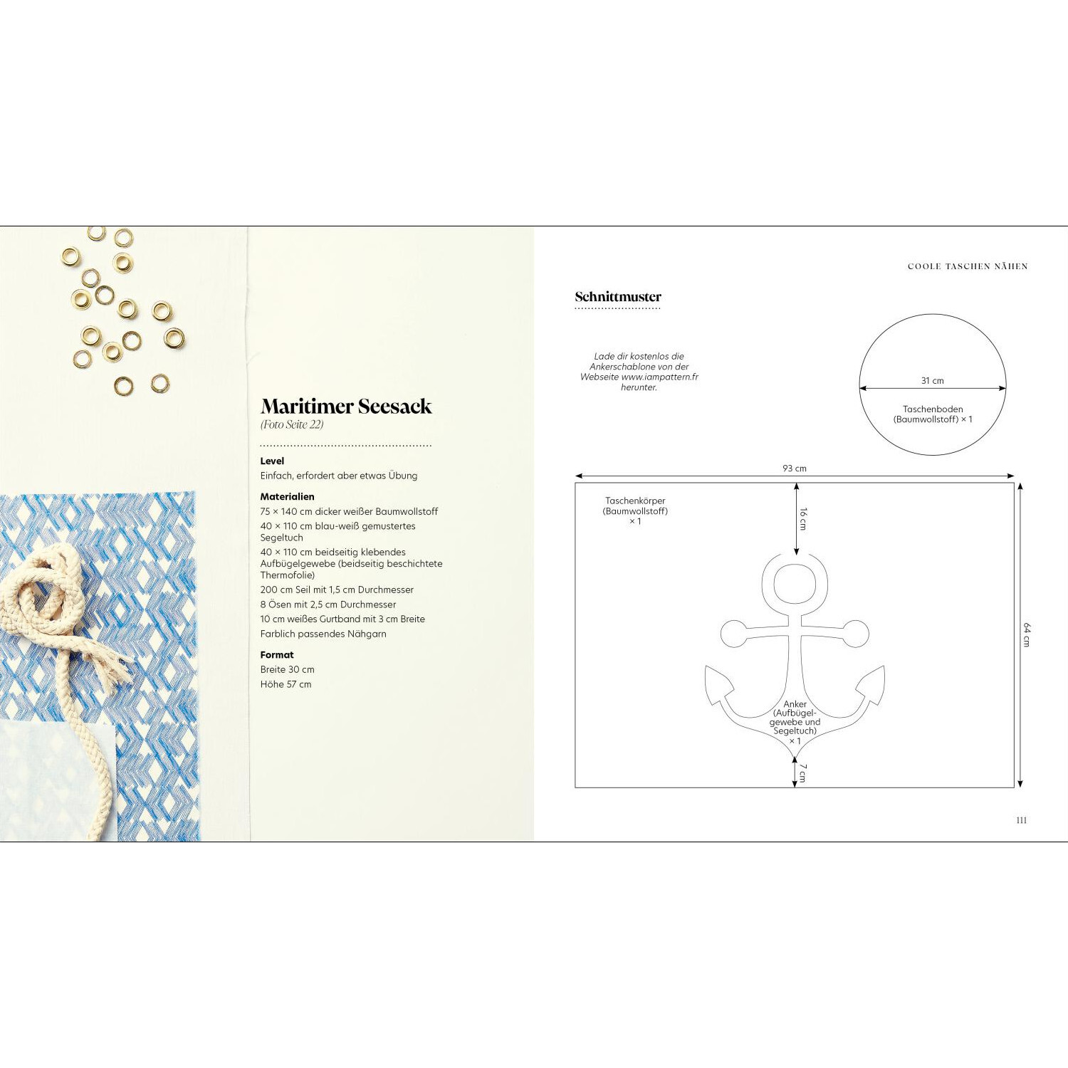 Kleine kreative Auszeit: Coole Taschen nähen. Anleitung für maritimen Seesack mit Anker-Muster, inklusive Schnittmuster und Materialliste.