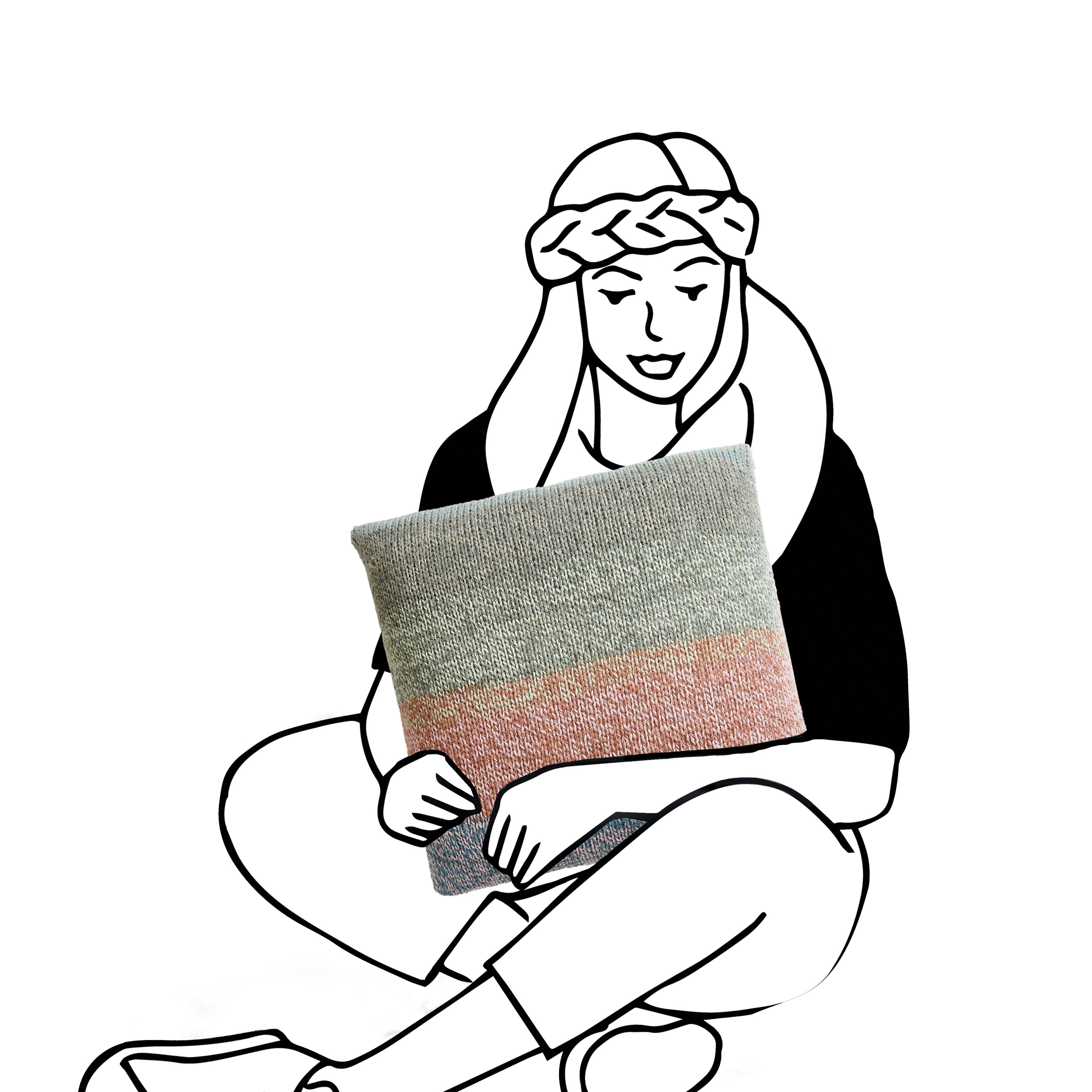 Schwarz-weiß gezeichnete Frau hält Strickkissen in der Hand