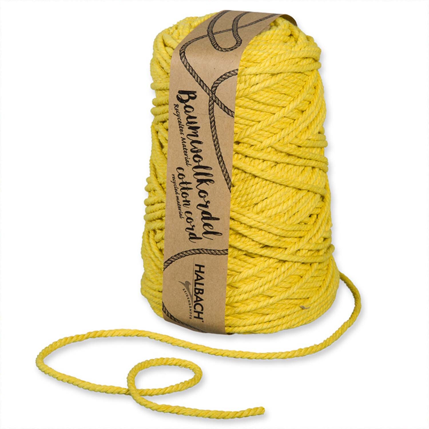 Baumwollkordel für Makramee in Hellgelb, 5mm dick, 80m lang, 500g, von Halbach, aufgerollt.