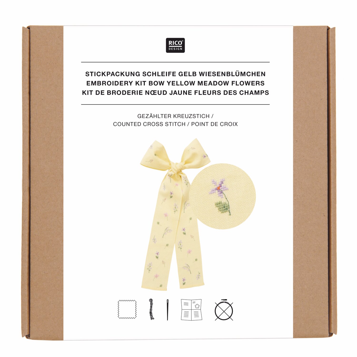 Stickpackung Gezählter Kreuzstich Schleife Wiesenblumen 30x54cm Farbe Hellgelb von Rico Design
