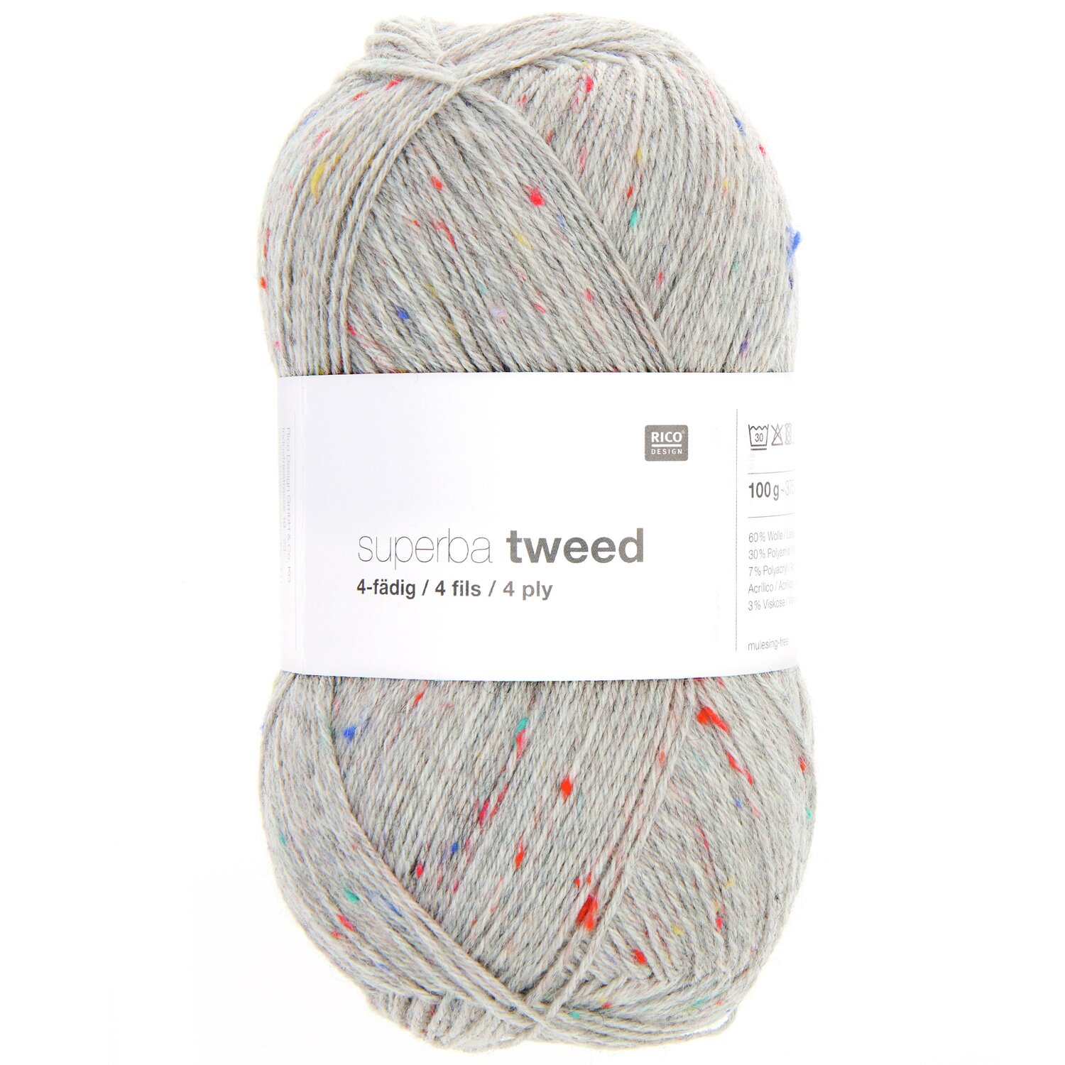 Superba Tweed 4-fädig Garn in Hellgrau mit bunten Sprenkeln, 100g 375m, von Rico Design. Ideal für Strickprojekte.